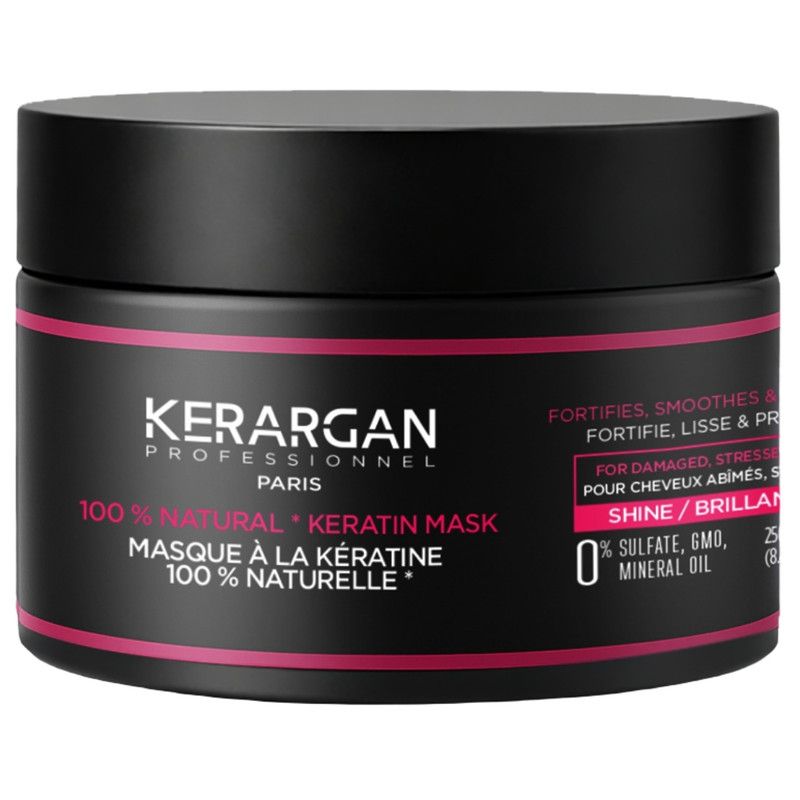 Schwarzer Tiegel mit rosa Etikett. Aufschrift: KERARGAN, Keratin Maske. Für geschädigtes Haar. Glanz.