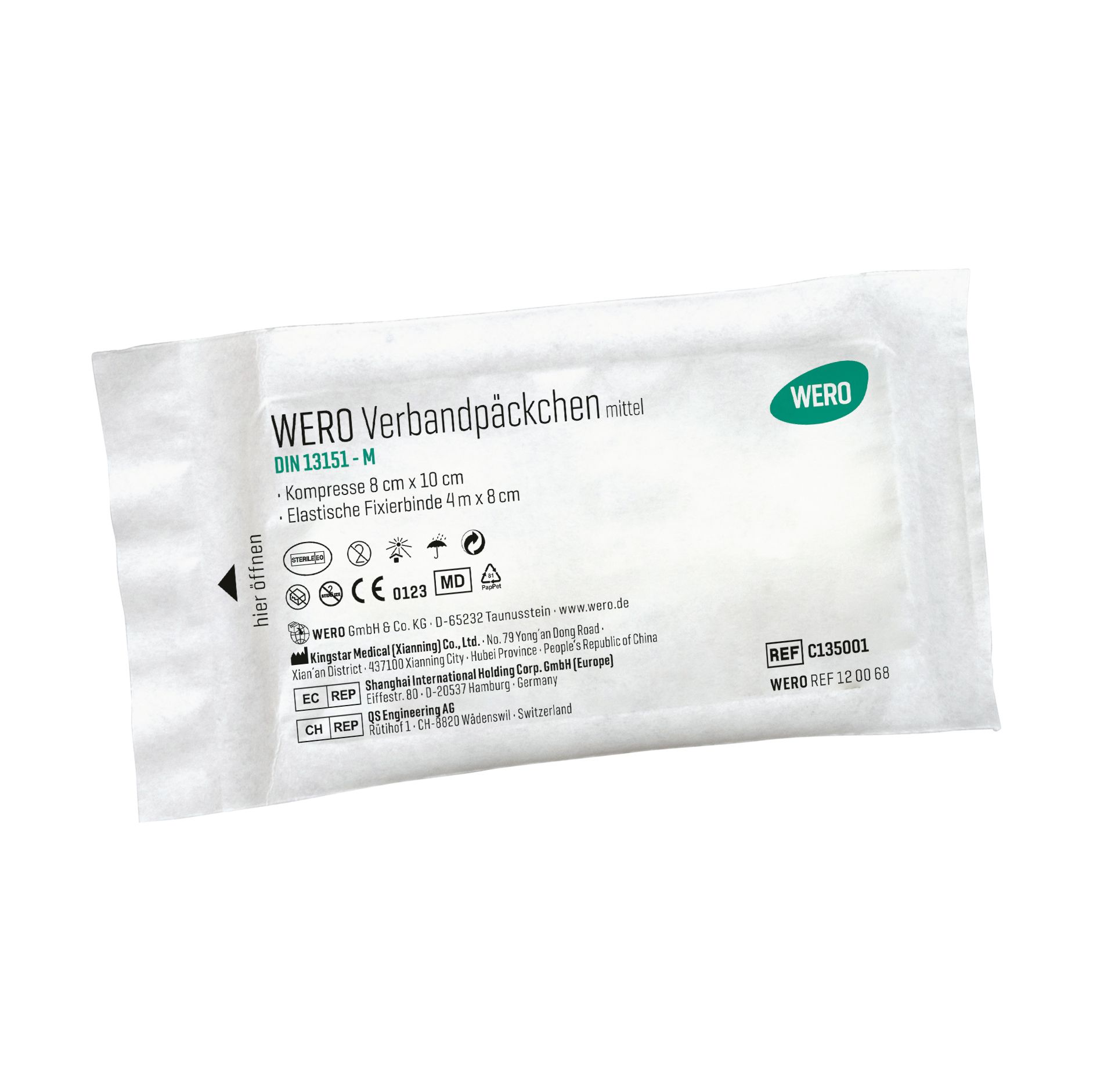 Verbandpäckchen in weißer Verpackung. Text: WERO Verbandpäckchen DIN 13151-M, Kompresse 8 cm x 10 cm, elastische Fixierbinde 4 cm x 8 cm. CE-Kennzeichnung.
