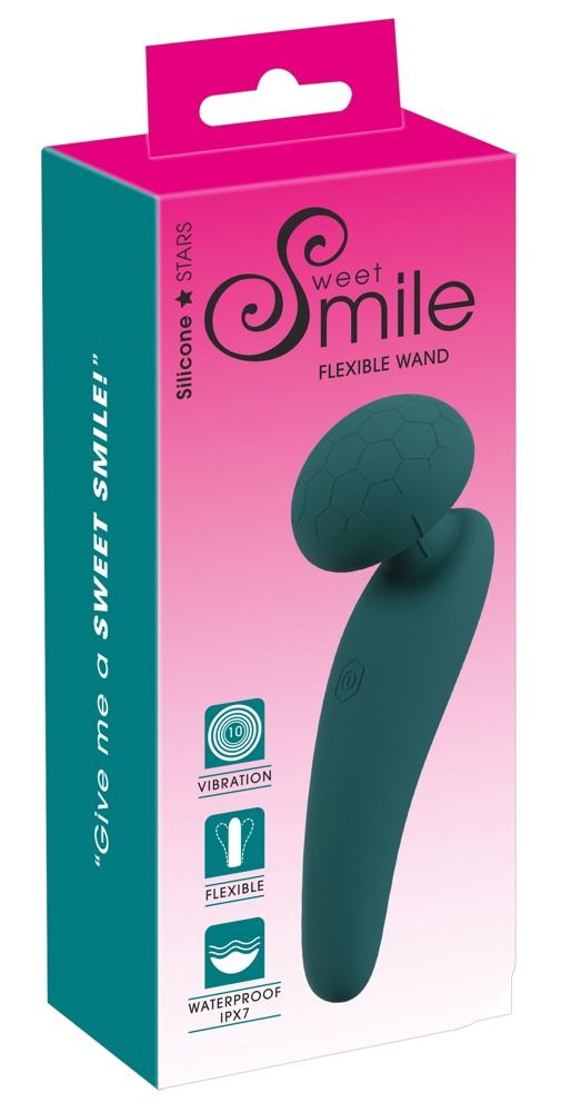 Verpackung mit Produkt. Aufschrift: Sweet Smile Flexible Wand. Symbole für Vibration, Flexibilität und Wasserdichtigkeit.