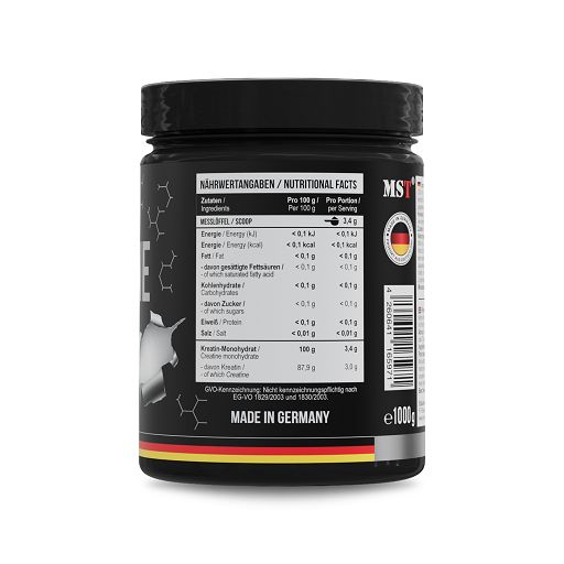 Rückseite der schwarzen Dose MST Creatine. Nährwertangaben, Inhaltsstoffe. Hergestellt in Deutschland. E1000.