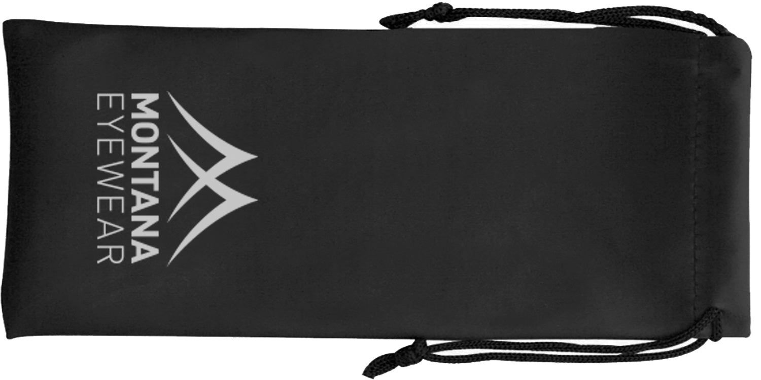 Schwarzes Brillenetui mit "MONTANA EYEWEAR"-Logo und Kordelzug.