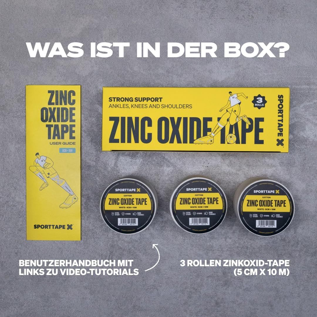 Inhalt der Box: Benutzerhandbuch und 3 Rollen weißes Zinkoxid-Tape.