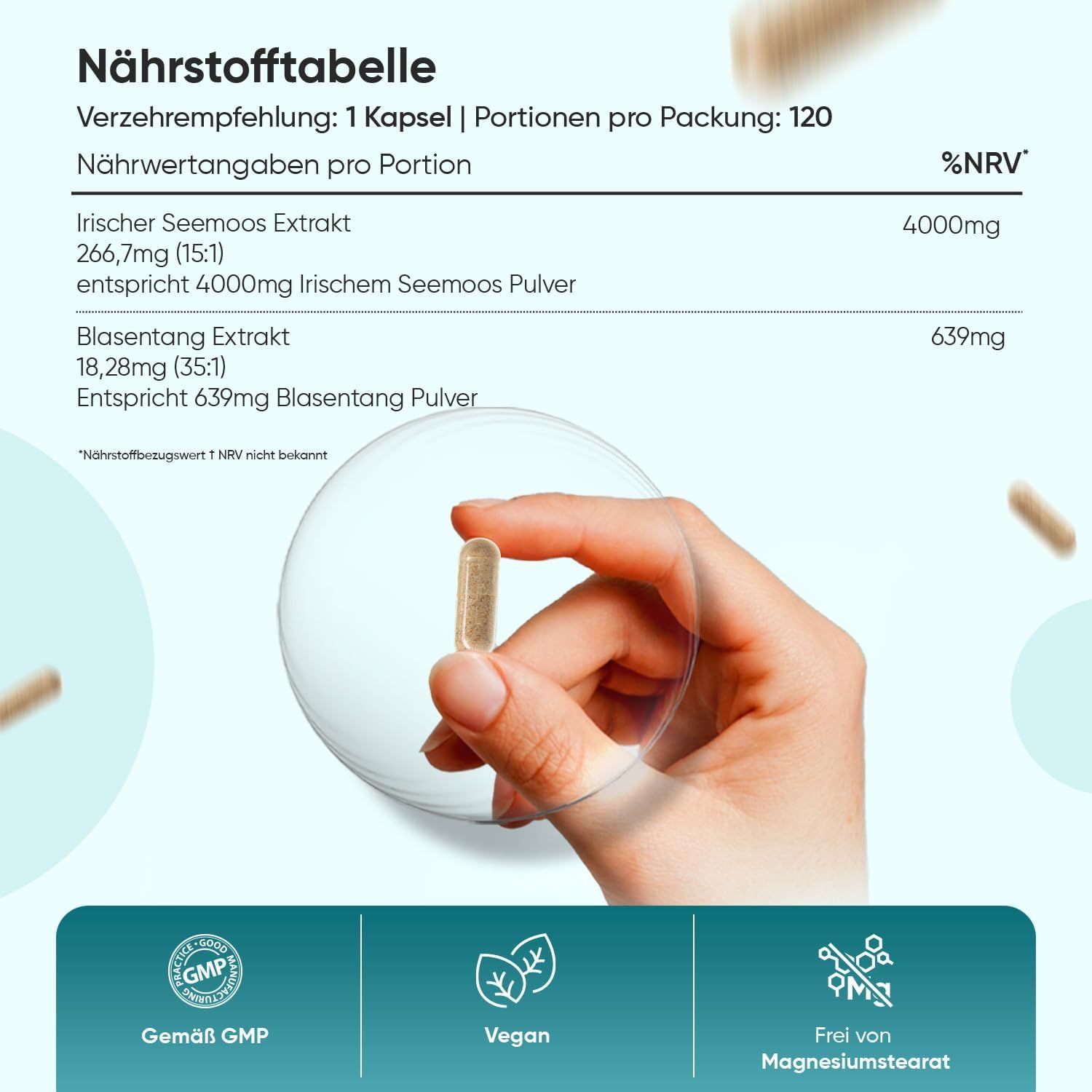 Hand hält Kapsel. Nährwerttabelle mit Inhaltsstoffen. Logos: GMP, Vegan, Frei von Magnesiumstearat. Kapseln.