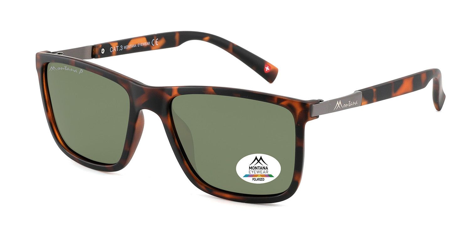 Sonnenbrille mit braunem Rahmen und grünen Gläsern. Metallbügel und Montana Eyewear Logo. Auf dem Glas ein Aufkleber.