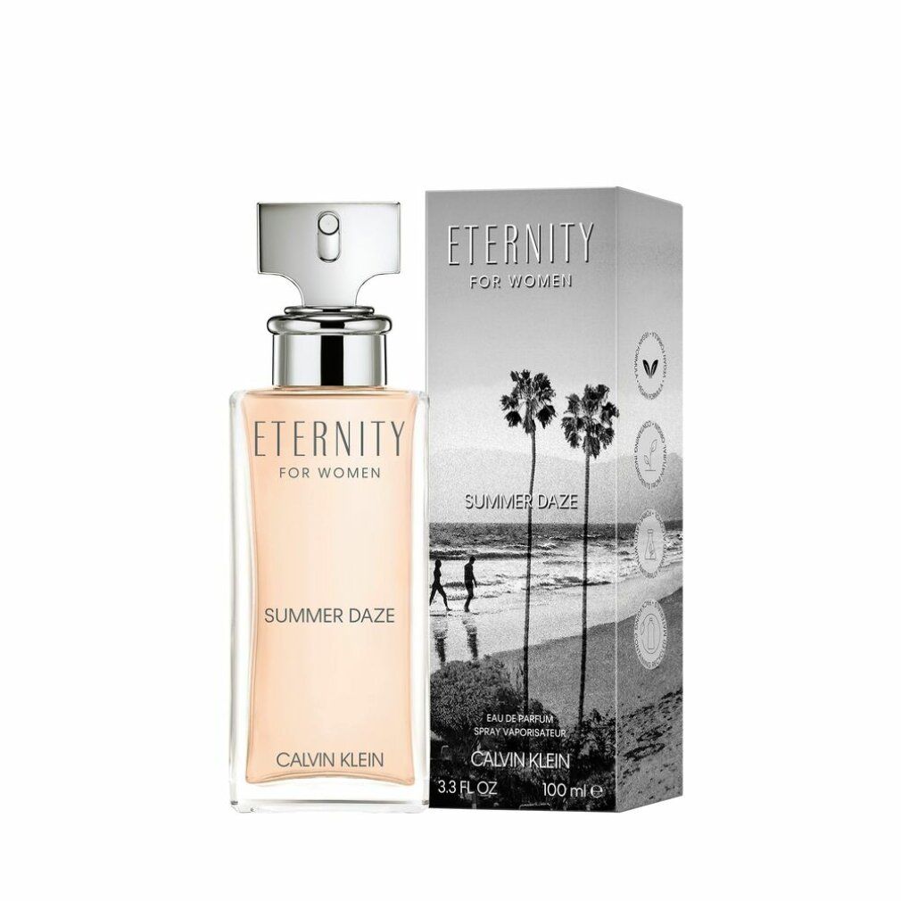 Parfümflasche und Verpackung. Flasche mit silbernem Verschluss, rosa Flüssigkeit. Verpackung mit Strandmotiv und Text: Eternity Summer Daze.