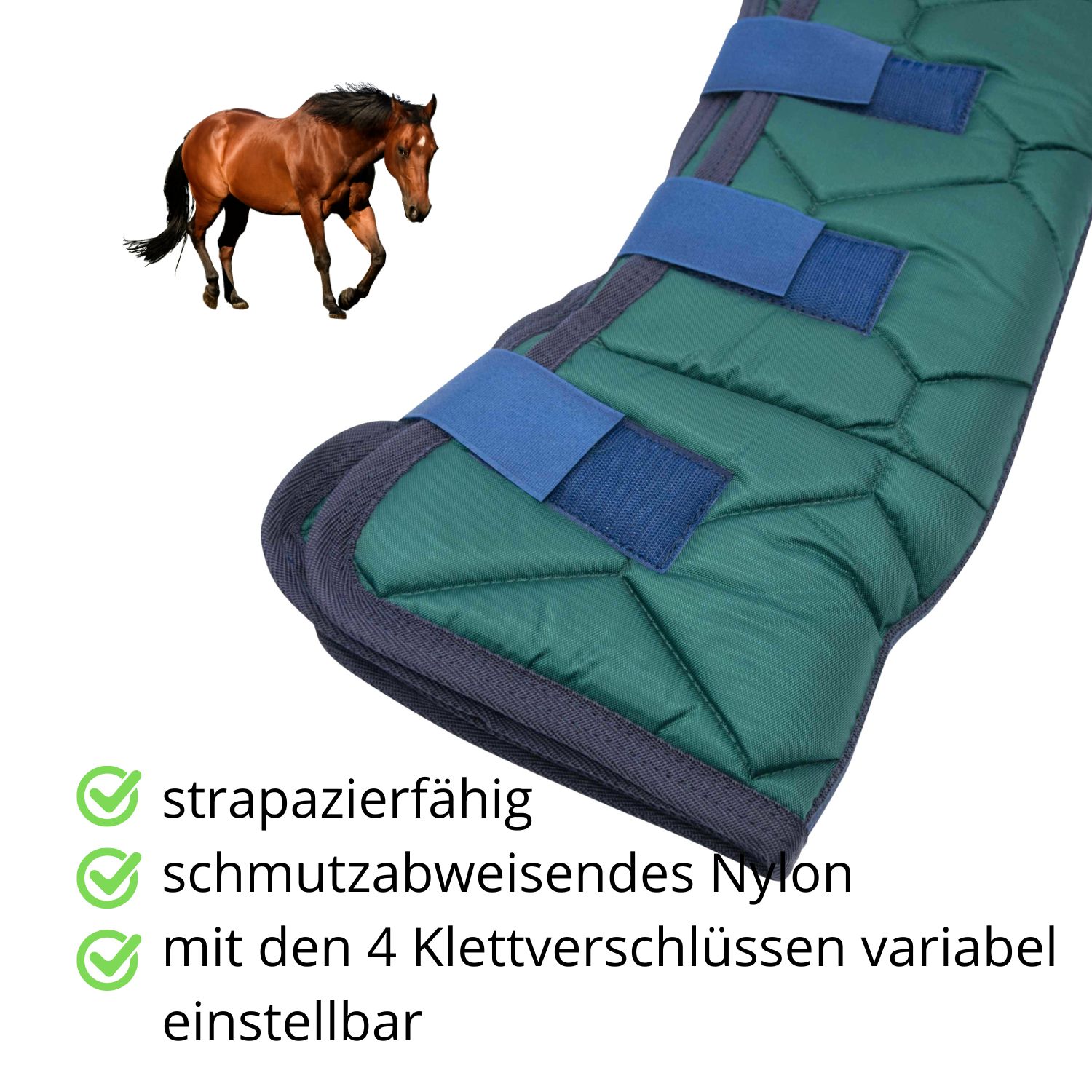 Grüne Transportgamasche mit blauen Klettverschlüssen. Text: 'strapazierfähig', 'schmutzabweisendes Nylon'.