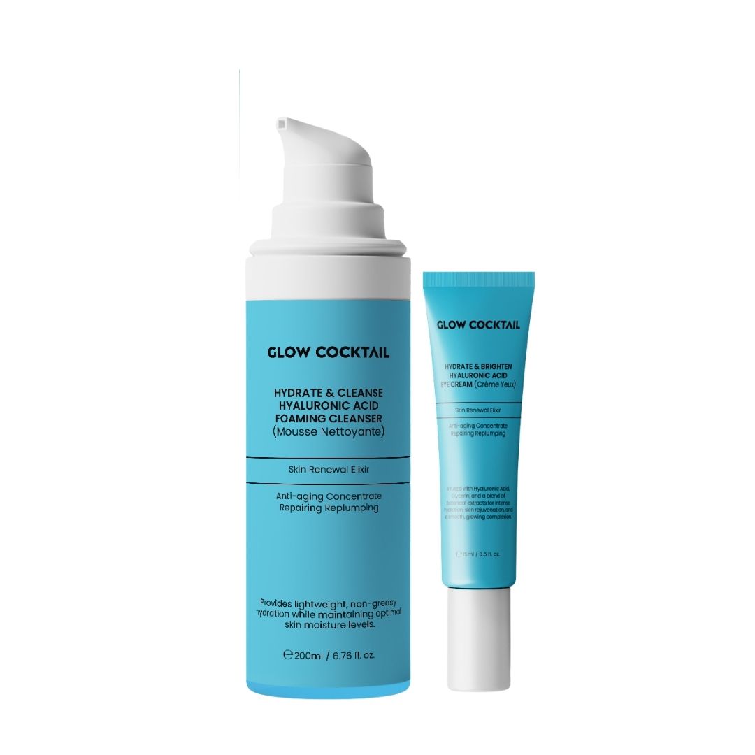 Zwei Kosmetikprodukte: eine Flasche und eine Tube. Aufschrift: Glow Cocktail, Hyaluronsäure, Reiniger und Augencreme.