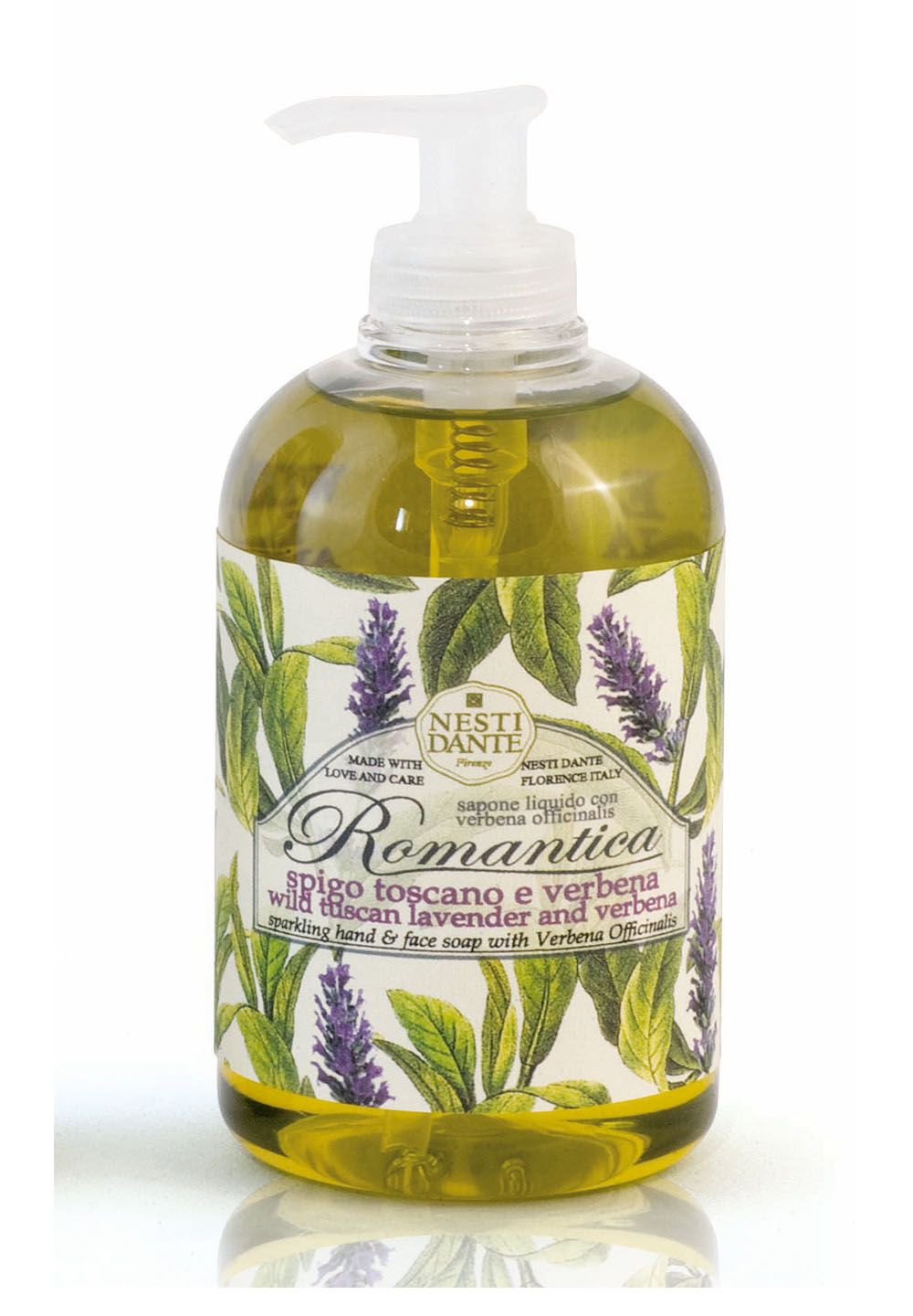 Flüssigseife in einer durchsichtigen Flasche mit Pumpverschluss. Etikett mit Lavendel- und Verbenamotiv. Text: Romantica, Spigo toscano e verbena.