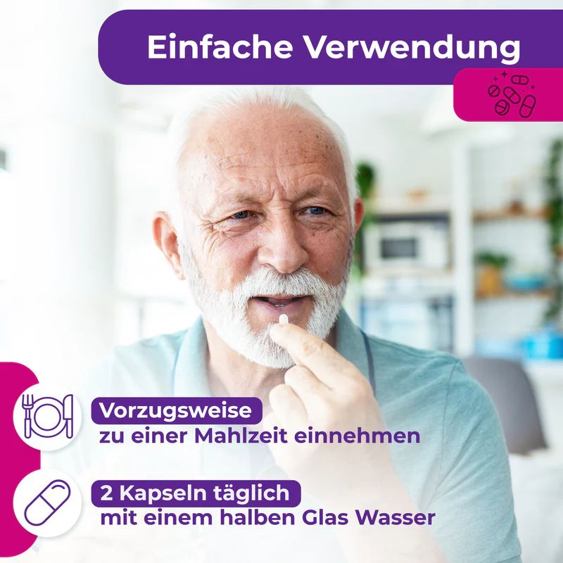 Älterer Mann nimmt eine Kapsel. Text: Einfache Verwendung, 2 Kapseln täglich mit Wasser.