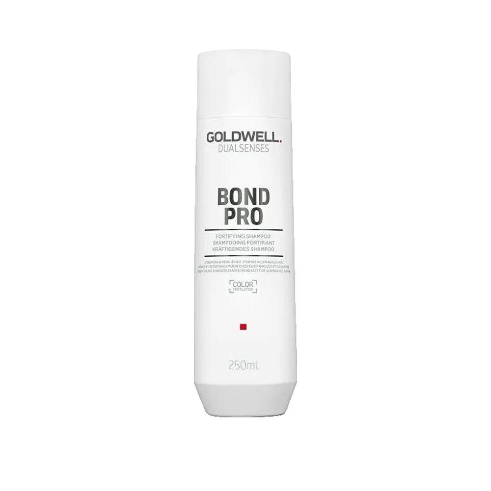 Goldwell Dualsenses Bond Pro Shampoo. Weiße Flasche mit schwarzer Schrift. Produktname und Logo deutlich sichtbar.