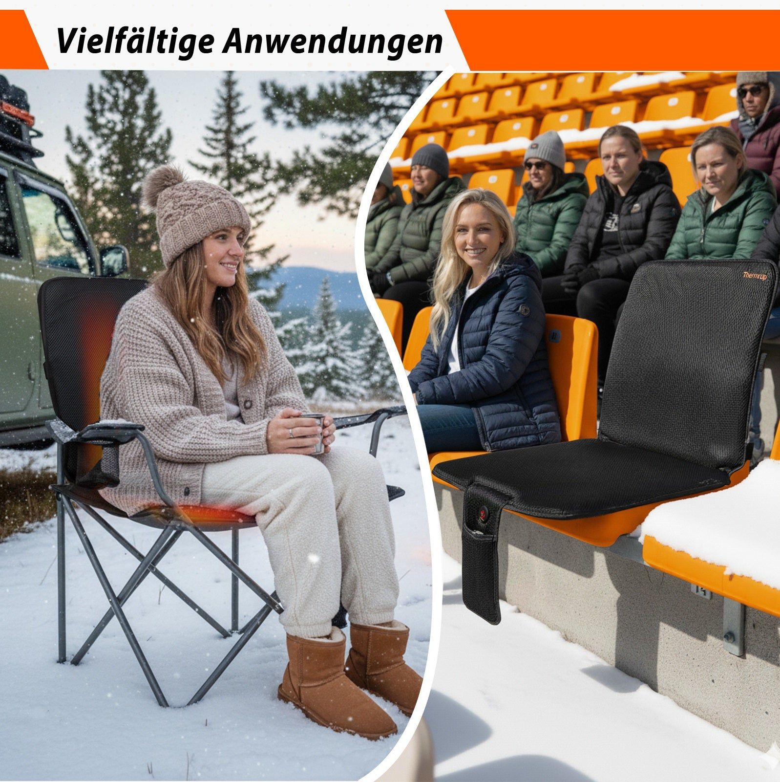 Anwendungsbeispiele: Sitzauflage auf Campingstuhl und Tribüne. Personen sitzen im Schnee. Produktname nicht sichtbar.
