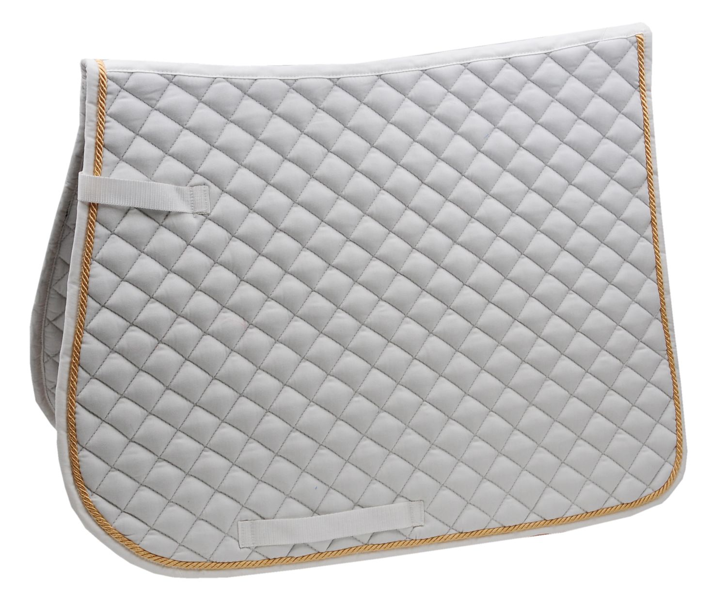Grau gesteppte Schabracke mit goldfarbener Kordel. Quadratisches Muster. Zwei Schlaufen.