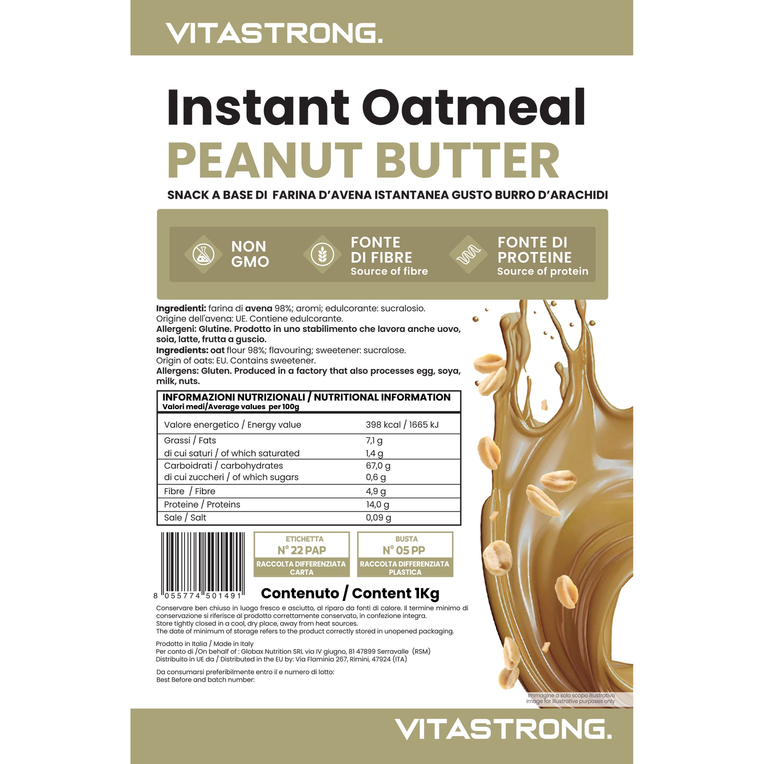 Verpackung von Instant Oatmeal Erdnussbutter. Enthält Nährwertangaben und Zutatenliste. Mit Logo und Produktnamen.
