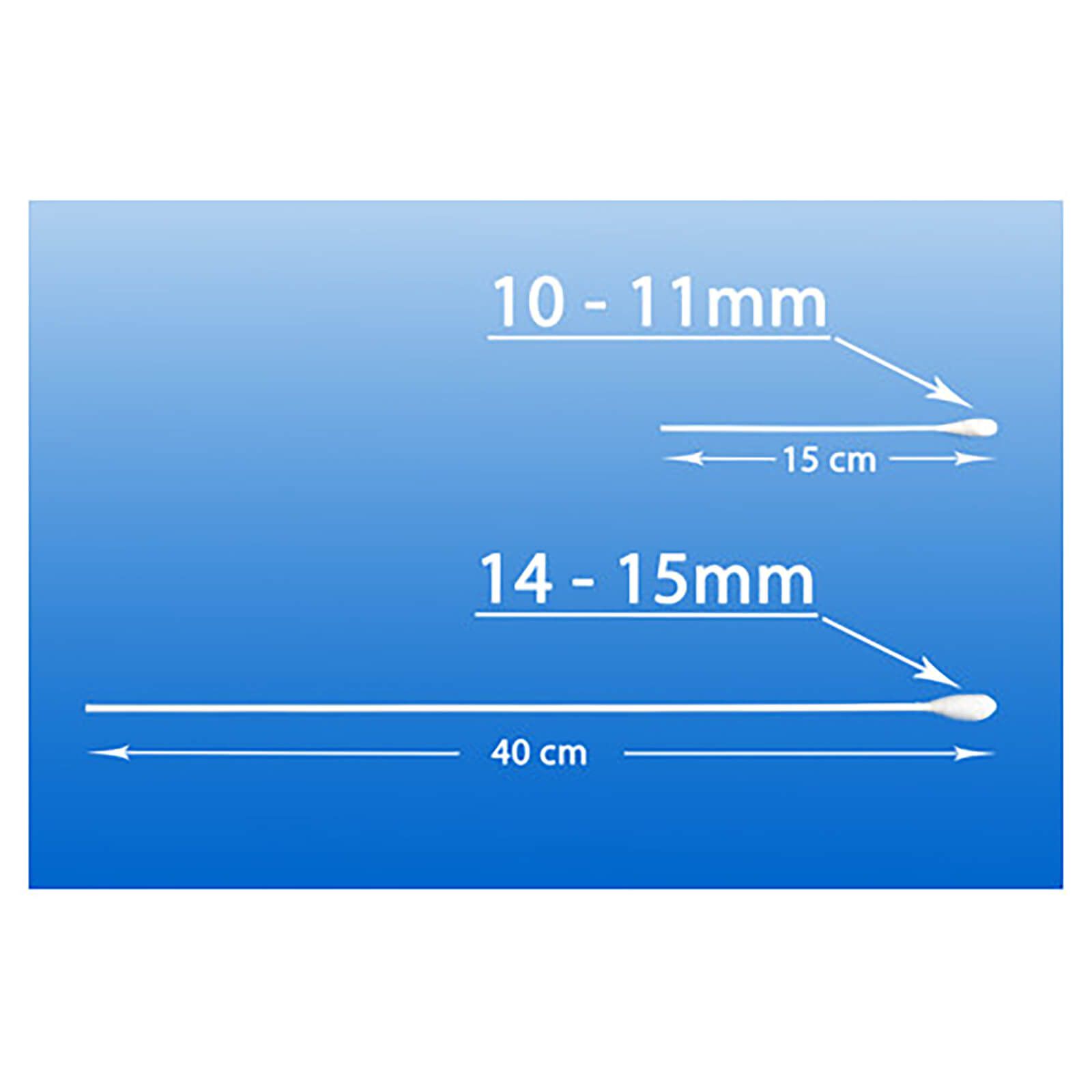 Zwei Wattestäbchen-Illustrationen. Oben: 10-11mm, 15cm. Unten: 14-15mm, 40cm. Beide mit Wattebausch und Stiel.