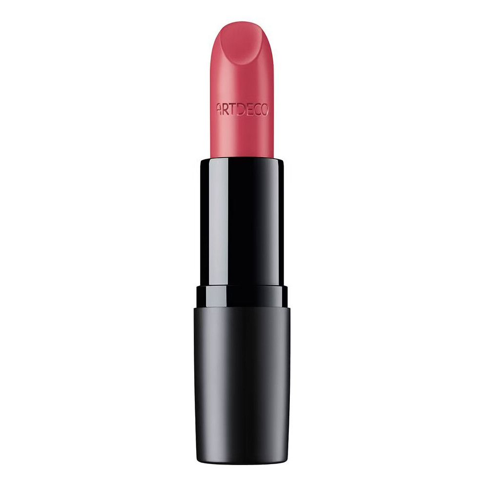 Rosafarbener Lippenstift mit schwarzem Halter. Auf weißem Hintergrund. Sichtbarer Schriftzug Artdeco.