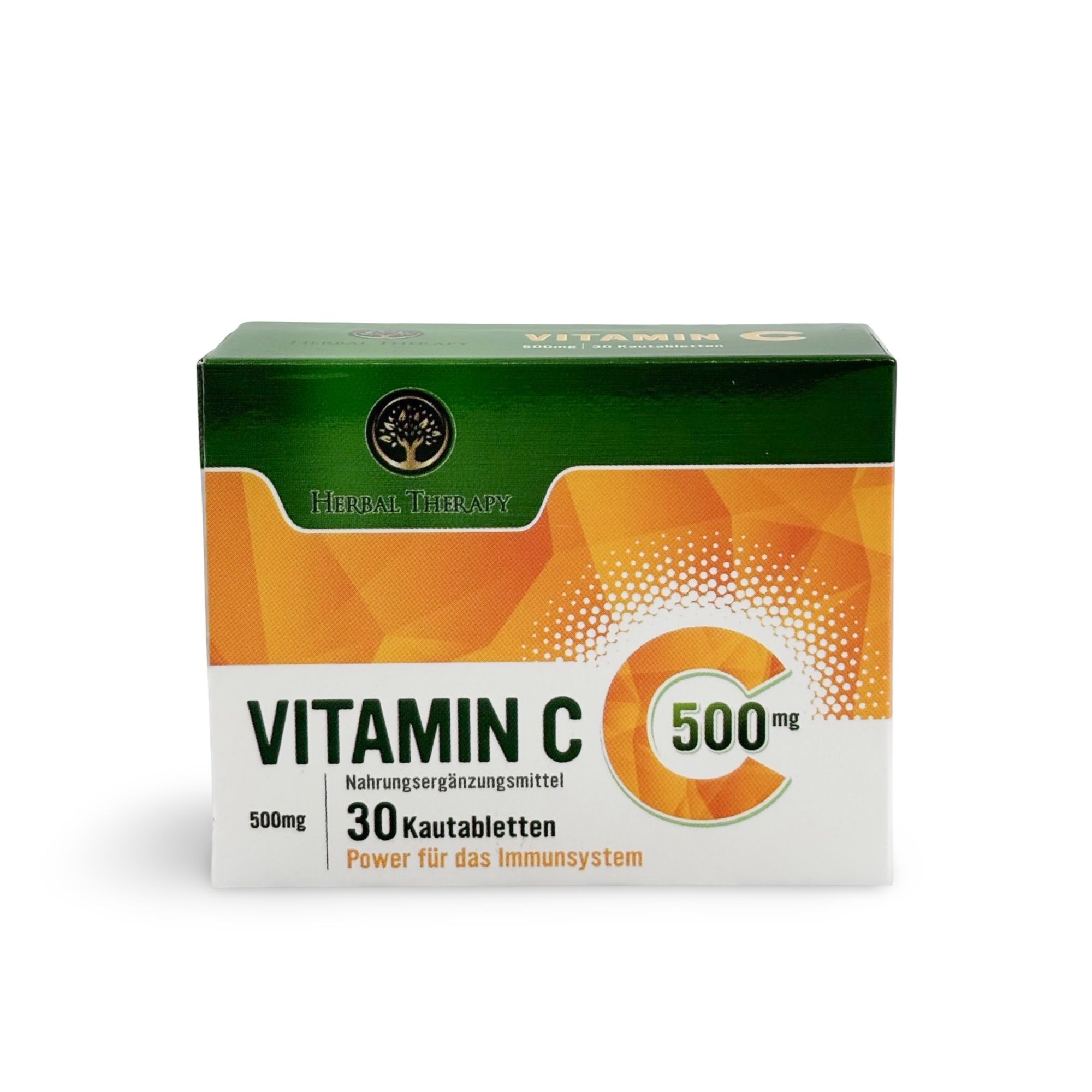 Schachtel mit Vitamin C 500 mg. Orange-weißes Design mit Produktinformationen. Grün-weißer Deckel mit Logo.