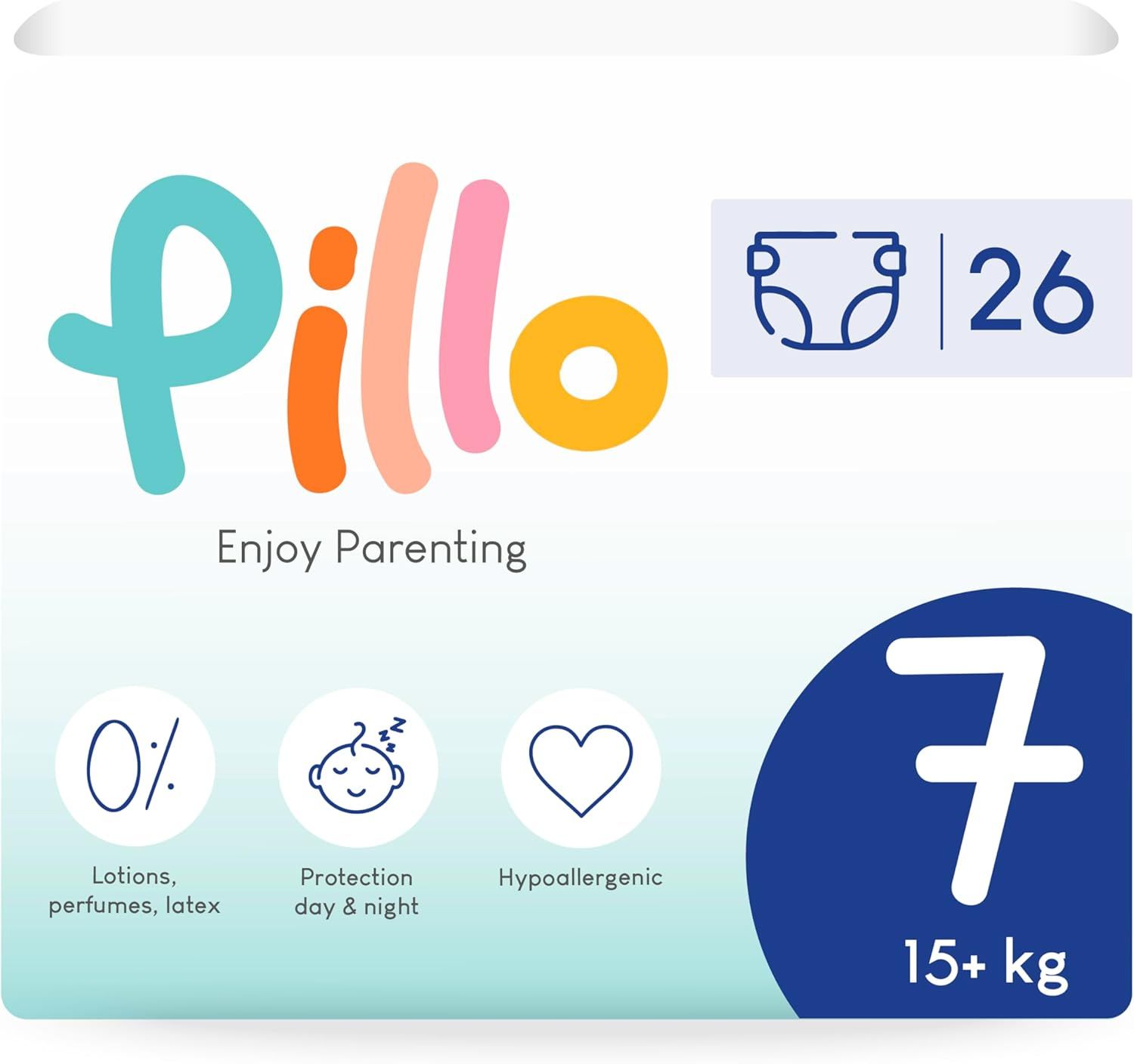 Verpackung Pillo Windeln, Größe 7, 15+ kg. Logo, Icons für Eigenschaften: 0%, Schutz, hypoallergen. 26 Stück.