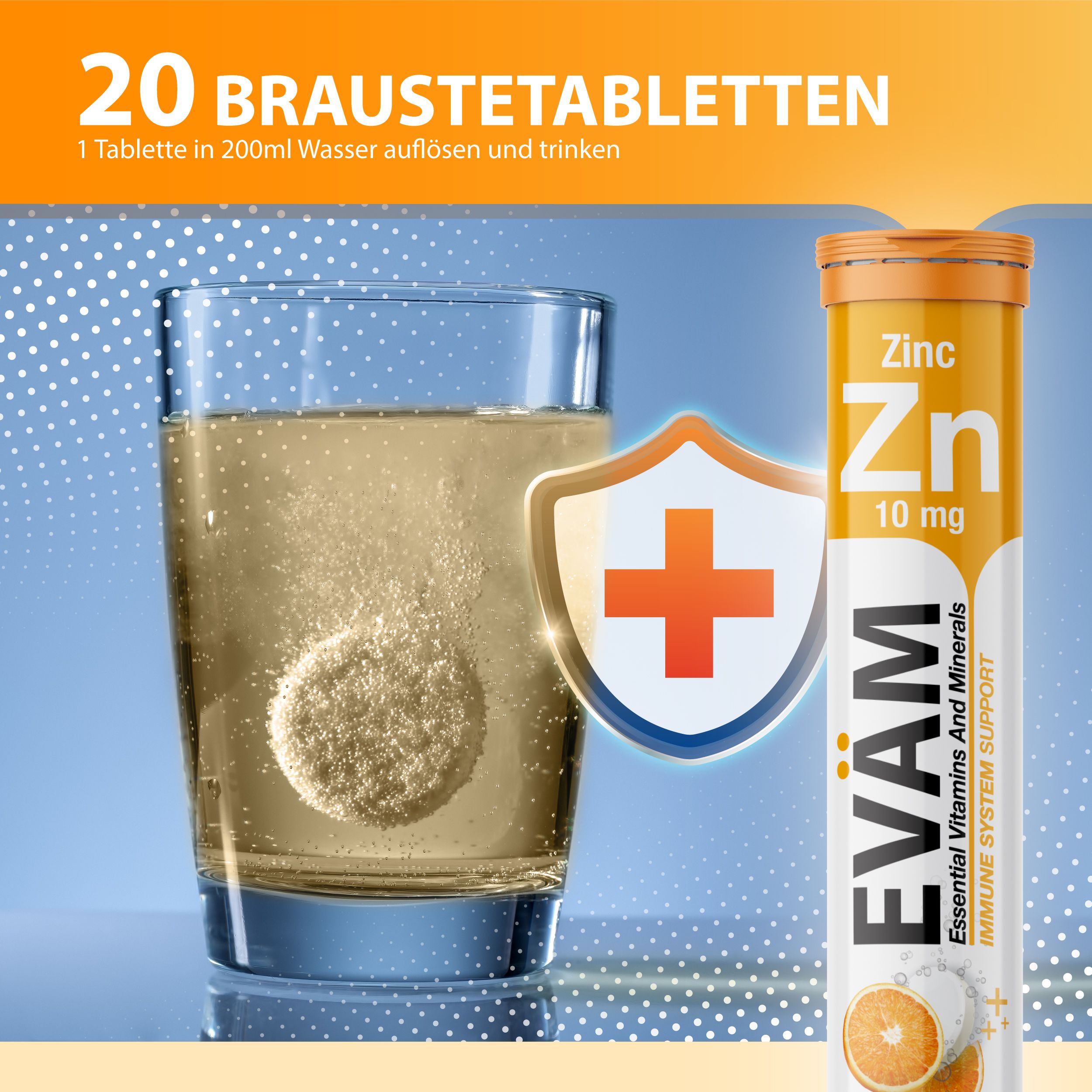 Glas mit sprudelndem Wasser und einer sich auflösenden Brausetablette. EVÄM Zink-Tube, 10 mg. Orangefarbenes Design.