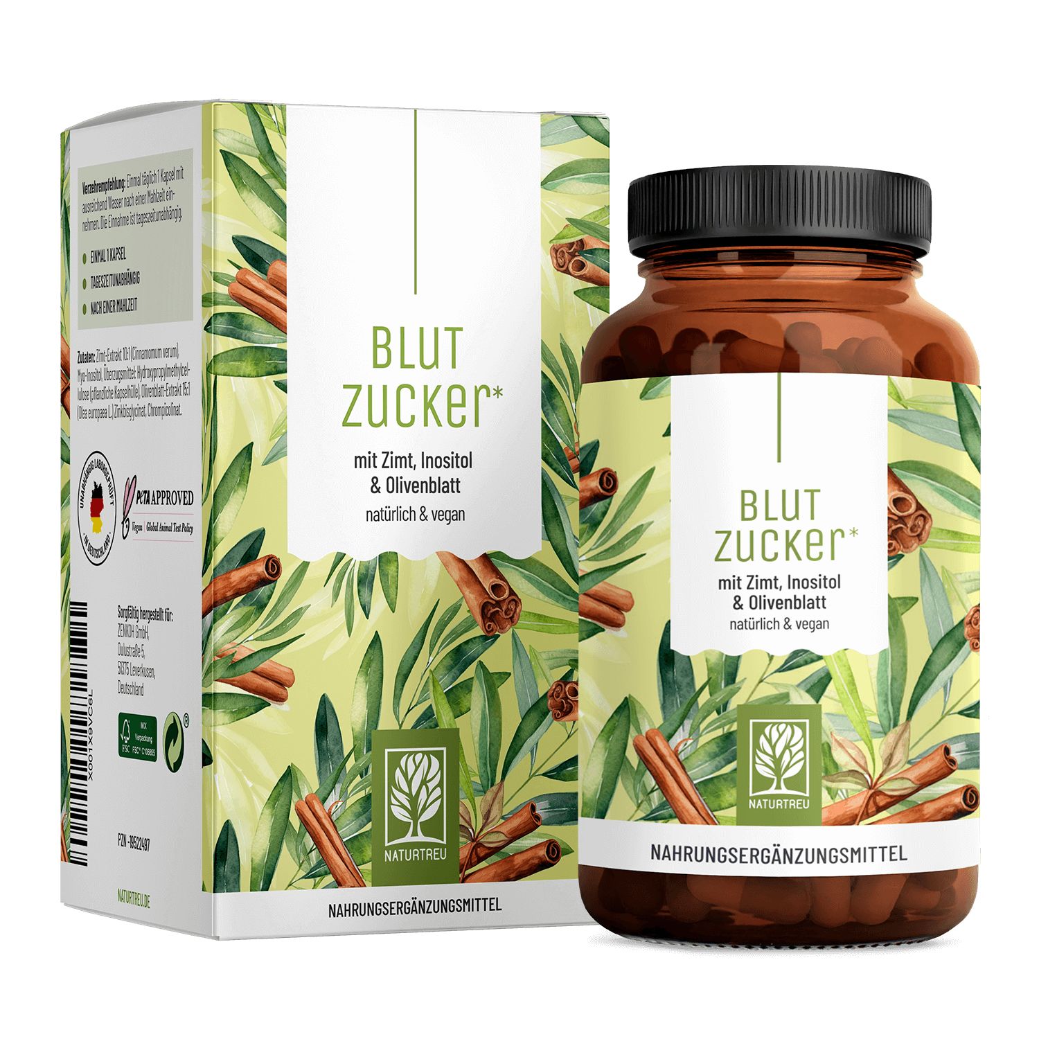 Braune Glasflasche und Karton mit Produktaufdruck. Aufschrift: Blutzucker, mit Zimt, Inositol & Olivenblatt. NATURTREU®.