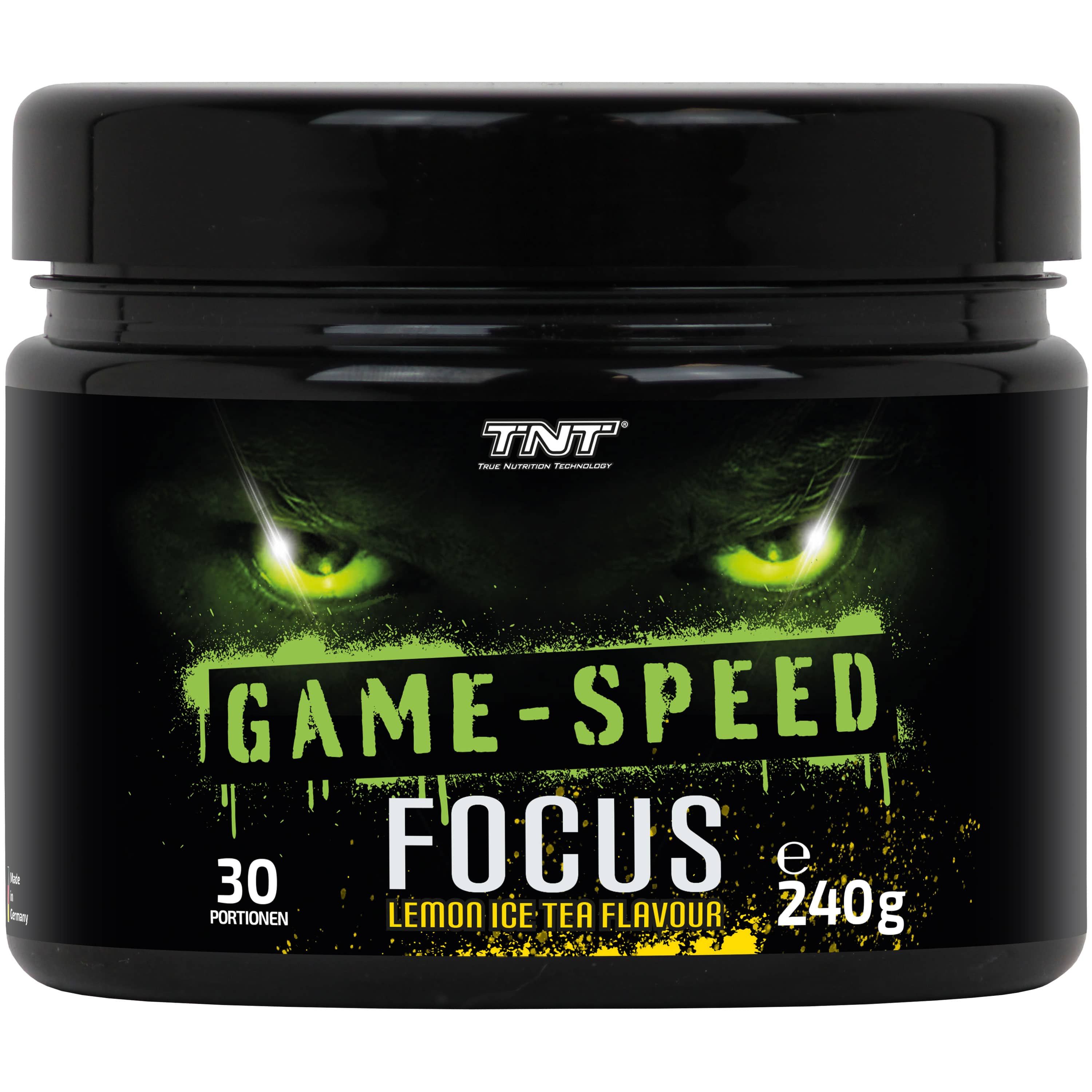 Schwarze Dose mit grünem Etikett. Text: GAME-SPEED FOCUS, 30 Portionen, 240g, Lemon Ice Tea Flavour. TNT Logo.