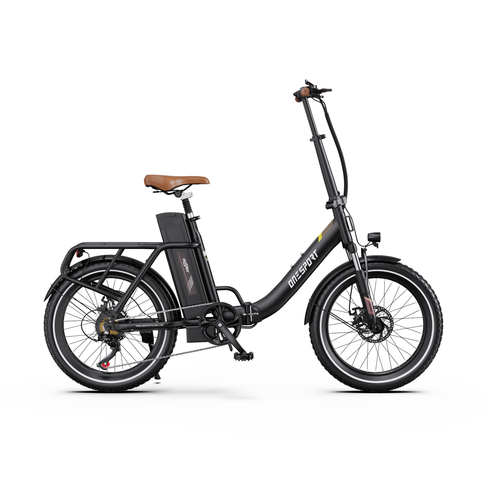 Schwarzes Elektrofahrrad mit braunem Sattel. Marke ONESPORT sichtbar. Seitenansicht.