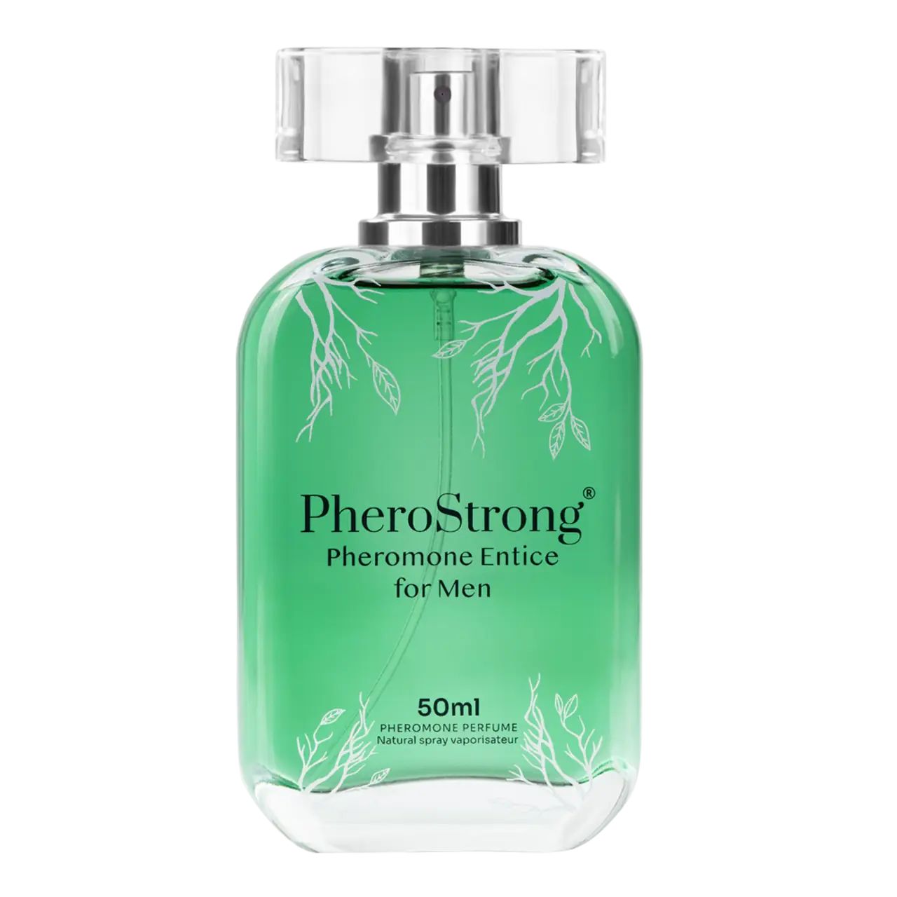 Grüne Glasflasche mit Sprühkopf. Aufschrift: PheroStrong Pheromone Entice for Men, 50ml. Dekorative Äste.