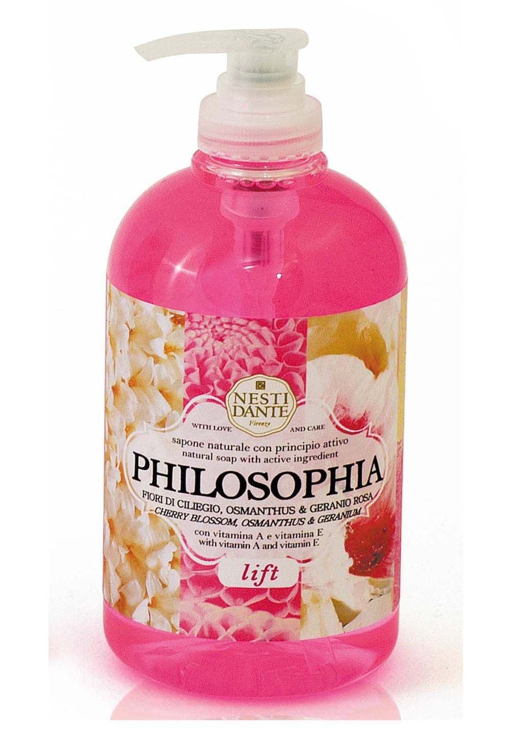 Rosa Flüssigseife mit Pumpe. Aufschrift: Philosophia, Nesti Dante. Enthält Kirschblüte, Osmanthus, Geranie. Mit Vitamin A und E.
