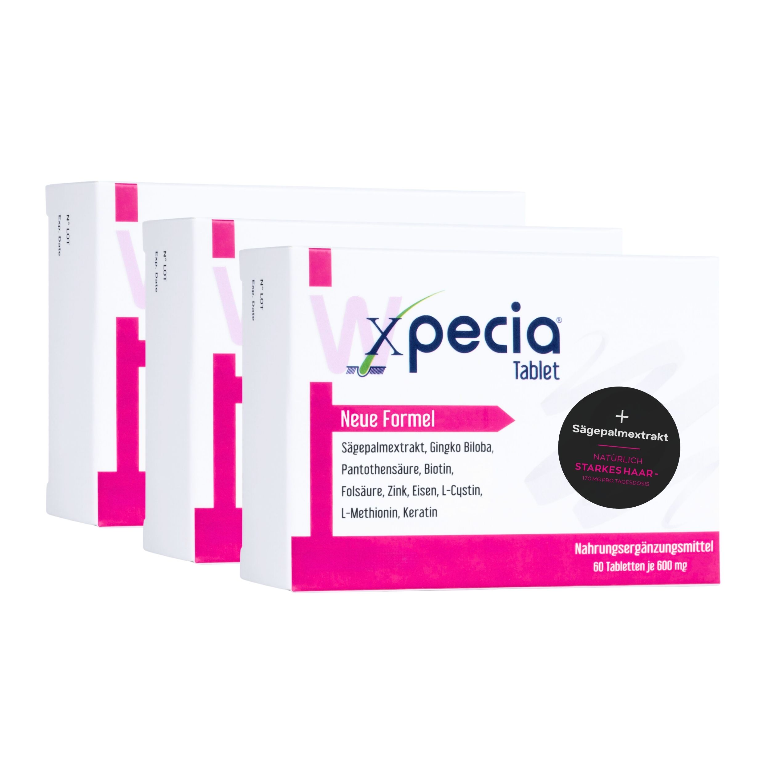 Drei Schachteln Xpecia Tabletten. Weiße Verpackung mit rosa Akzenten. Text: Neue Formel, Nahrungsergänzungsmittel.