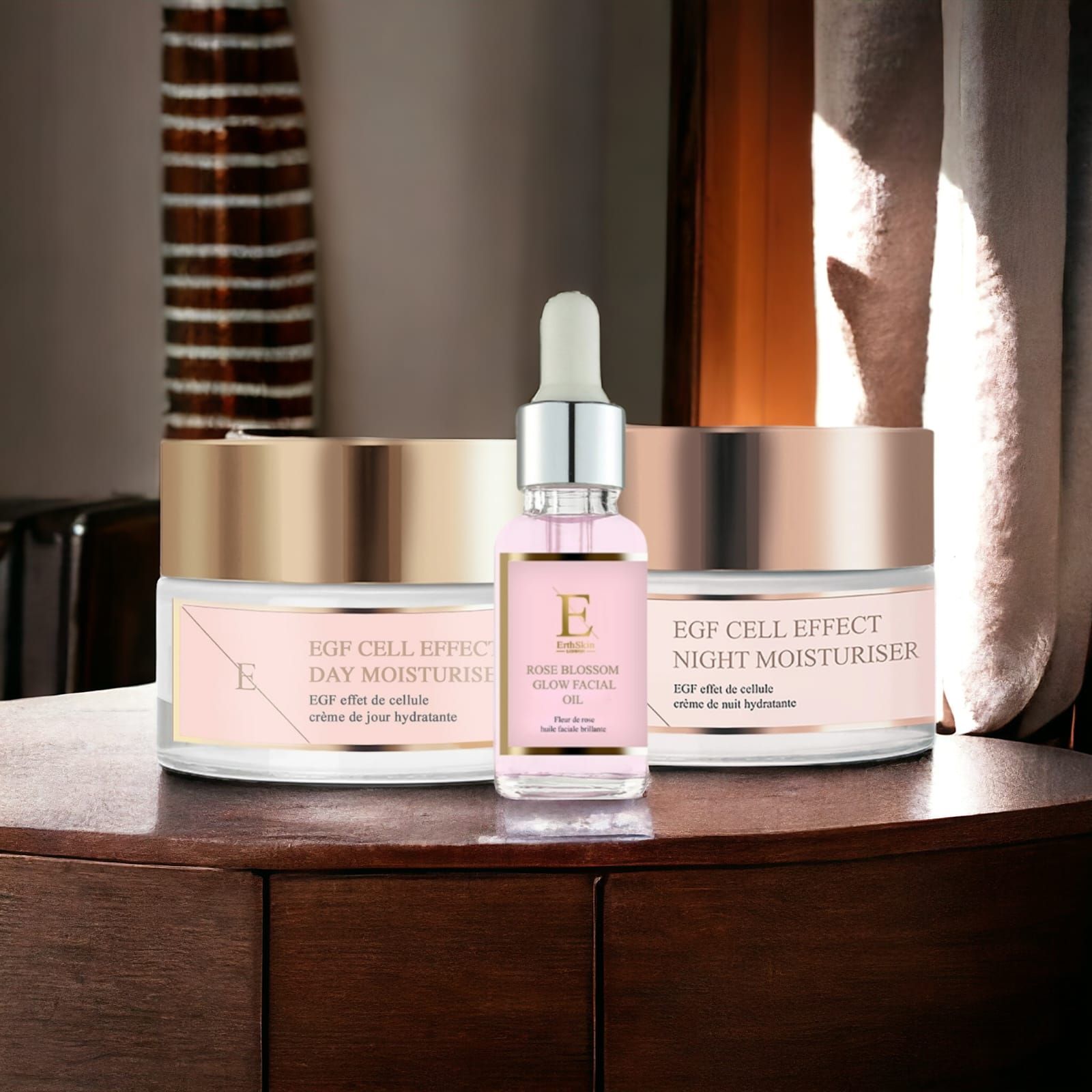 ErthSkin London EGF-Tagesfeuchtigkeitscreme + EGF-Nachtfeuchtigkeitscreme + Rosenblüten-Gesichtsöl
