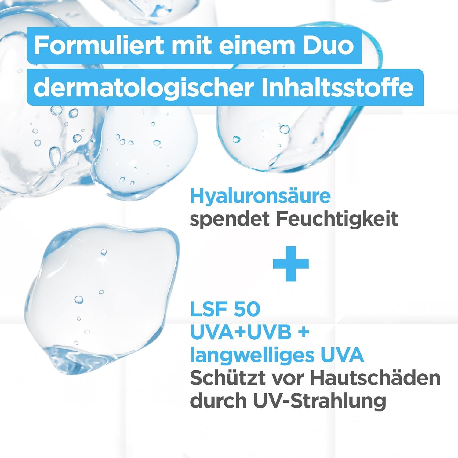 Grafische Darstellung von Wassertropfen und Text. Der Text beschreibt die Formulierung mit dermatologischen Inhaltsstoffen und die Wirkung auf die Haut.