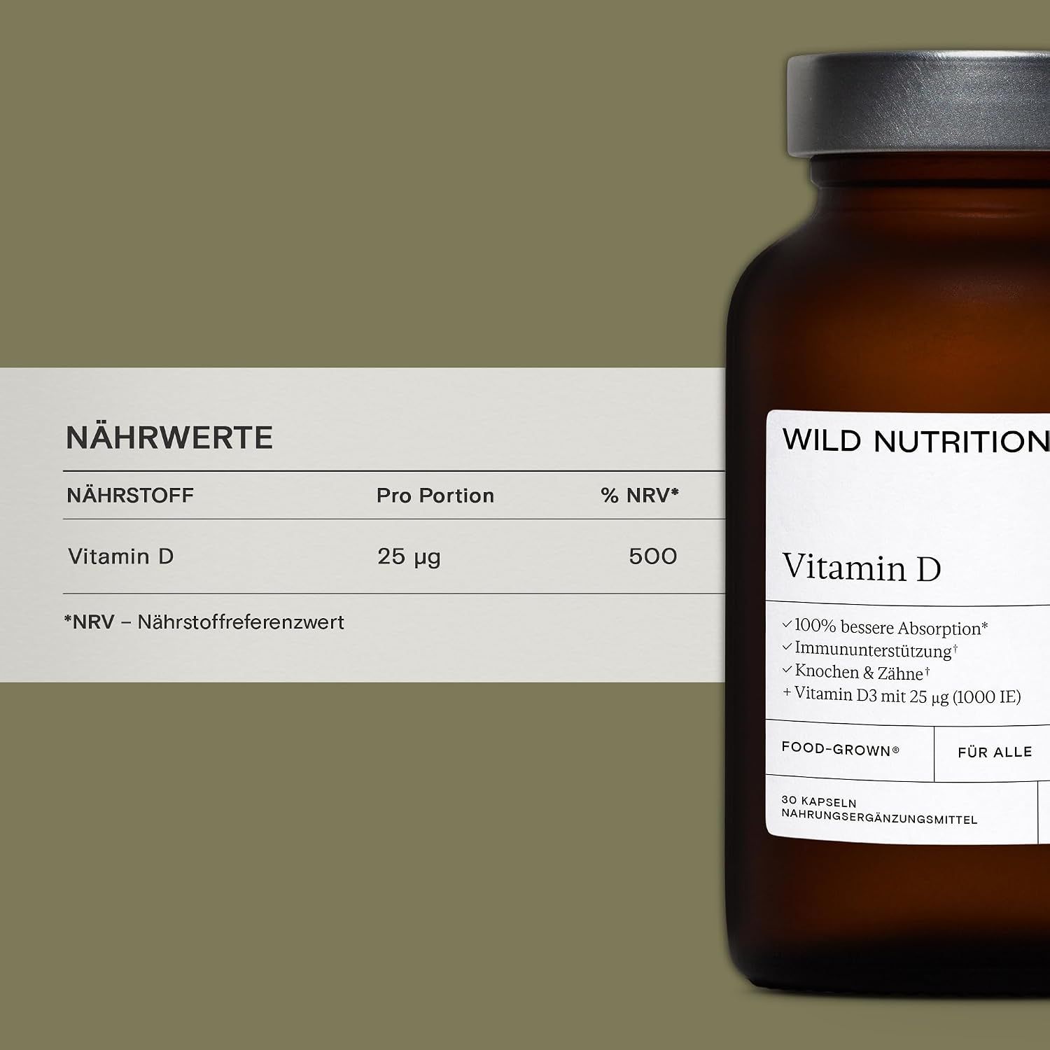 Bernsteinfarbene Glasflasche mit Wild Nutrition Vitamin D Etikett. Enthält 30 Kapseln.