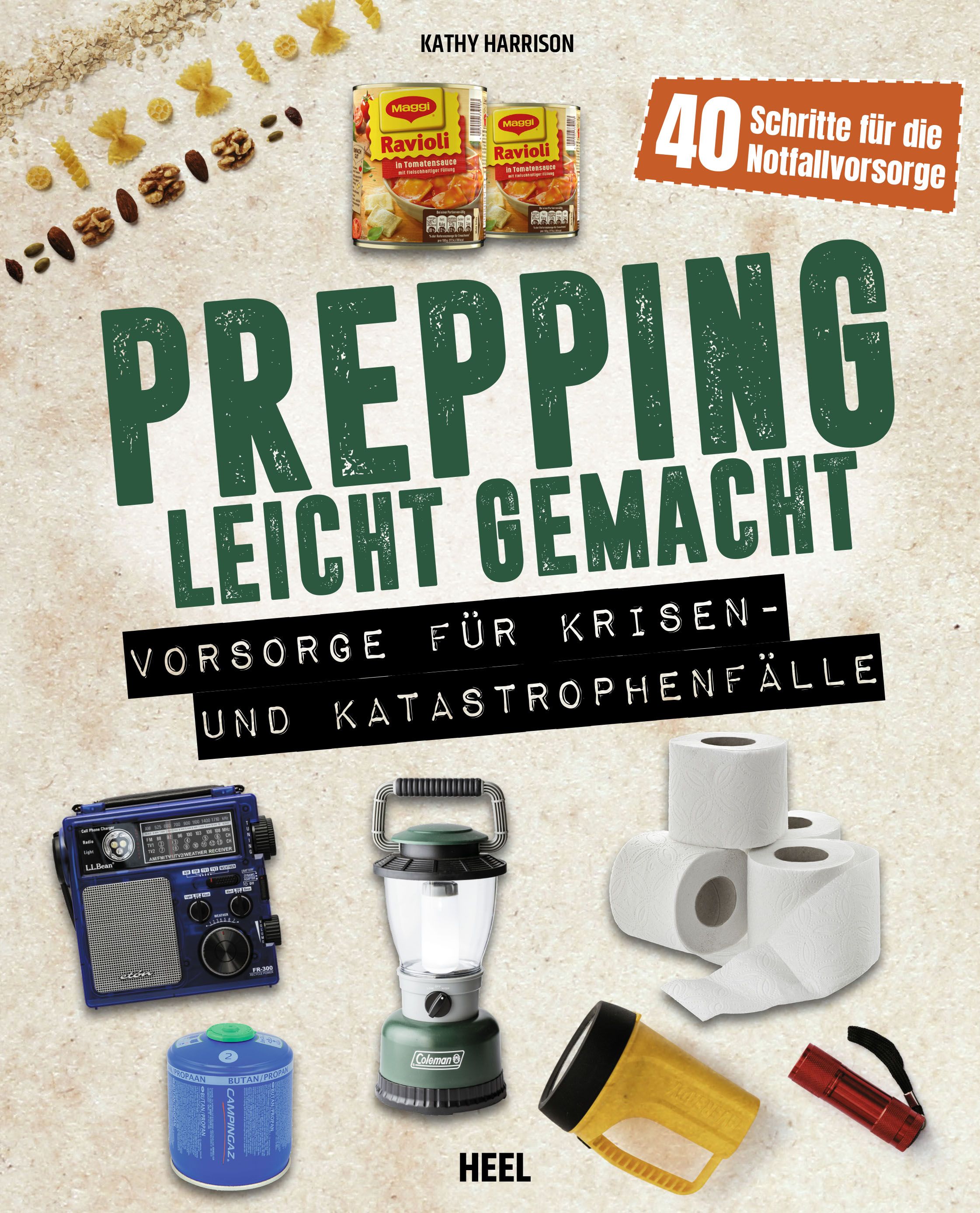 Buchcover mit dem Titel "Prepping leicht gemacht". Es zeigt Notfallausrüstung wie Radio, Lampe, Toilettenpapier und Ravioli-Konserven.