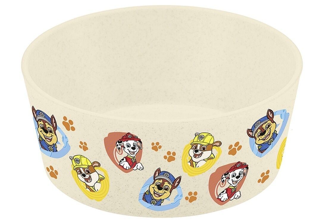Beige Schüssel mit Paw Patrol-Motiven. Rundum wiederholende Bilder von Paw Patrol-Charakteren und Pfotenabdrücken.