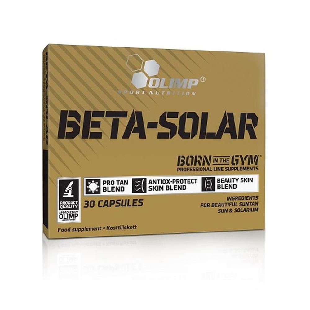 Braune Verpackung mit "BETA-SOLAR" und "OLIMP" Schriftzug. Enthält 30 Kapseln. Zusatz für schöne Bräune und Sonnenschutz.