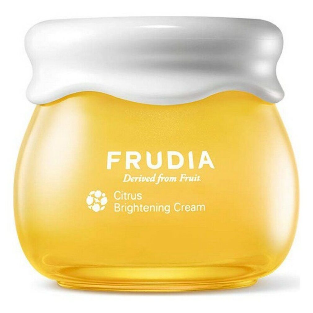 Gelbe Creme in einem Glas mit weißem Deckel. Aufschrift: FRUDIA Citrus Brightening Cream.