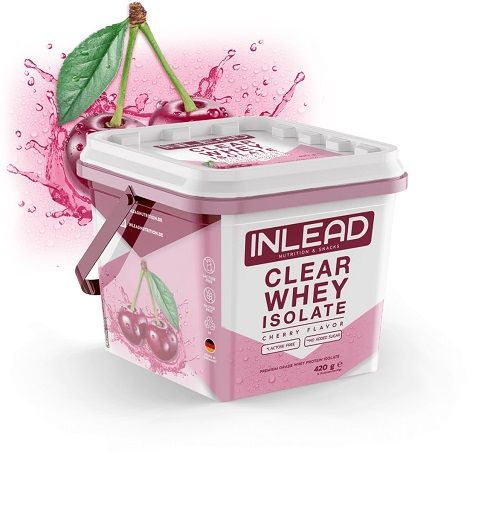 Eimer mit INLEAD Clear Whey Isolate. Kirschgeschmack. Rosa und weiß. Kirschabbildung. 420g.