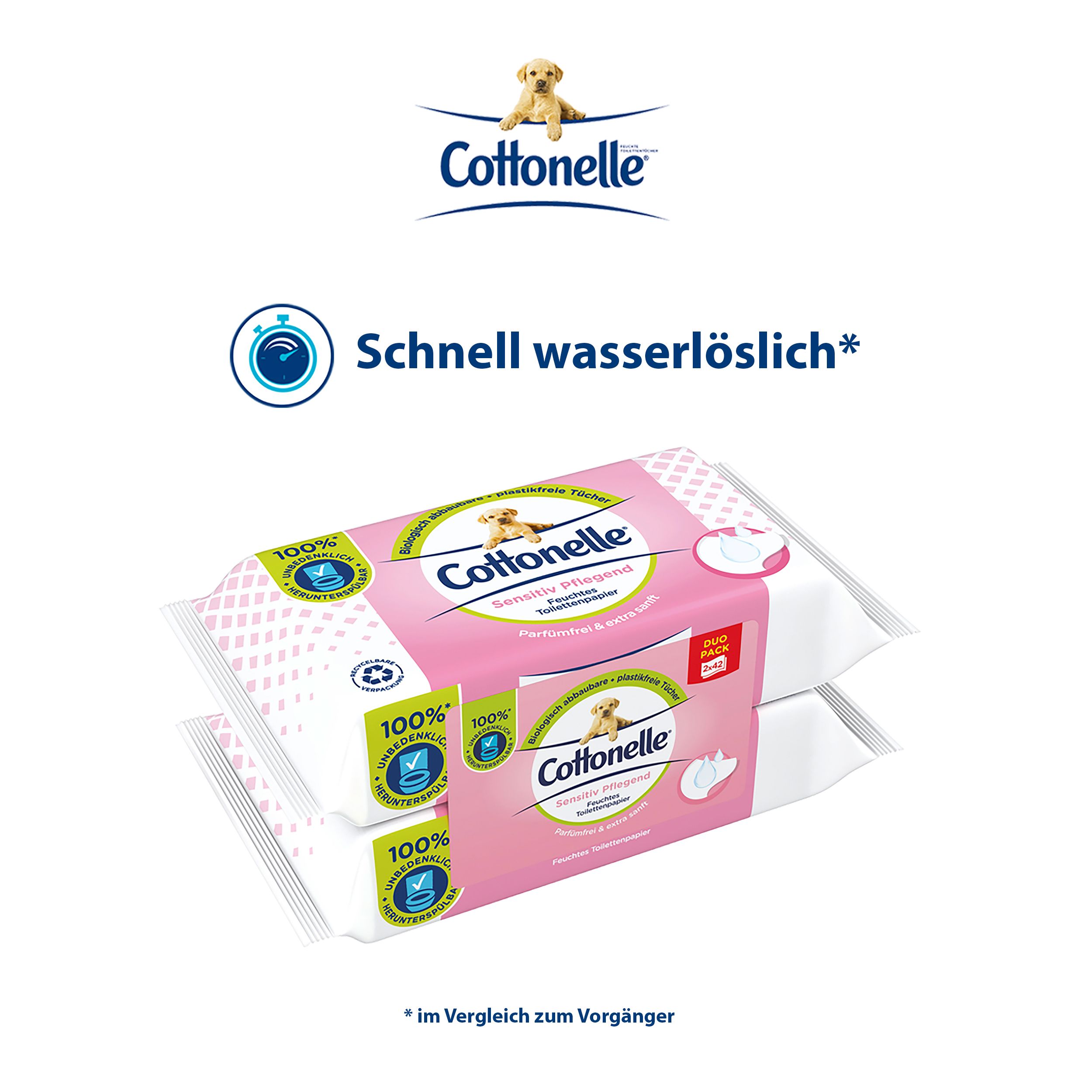 Cottonelle Feuchttücher Duo-Pack. Rosa Verpackung mit Welpen-Motiv. Schnell wasserlöslich.
