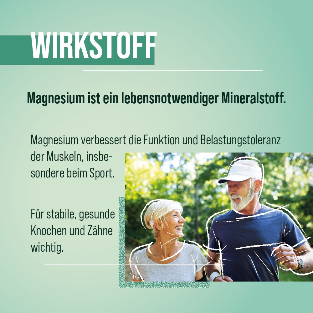 Werbung für Magnesium. Ein älteres Paar joggt im Freien. Text: Magnesium verbessert die Muskelfunktion, wichtig für Knochen und Zähne.