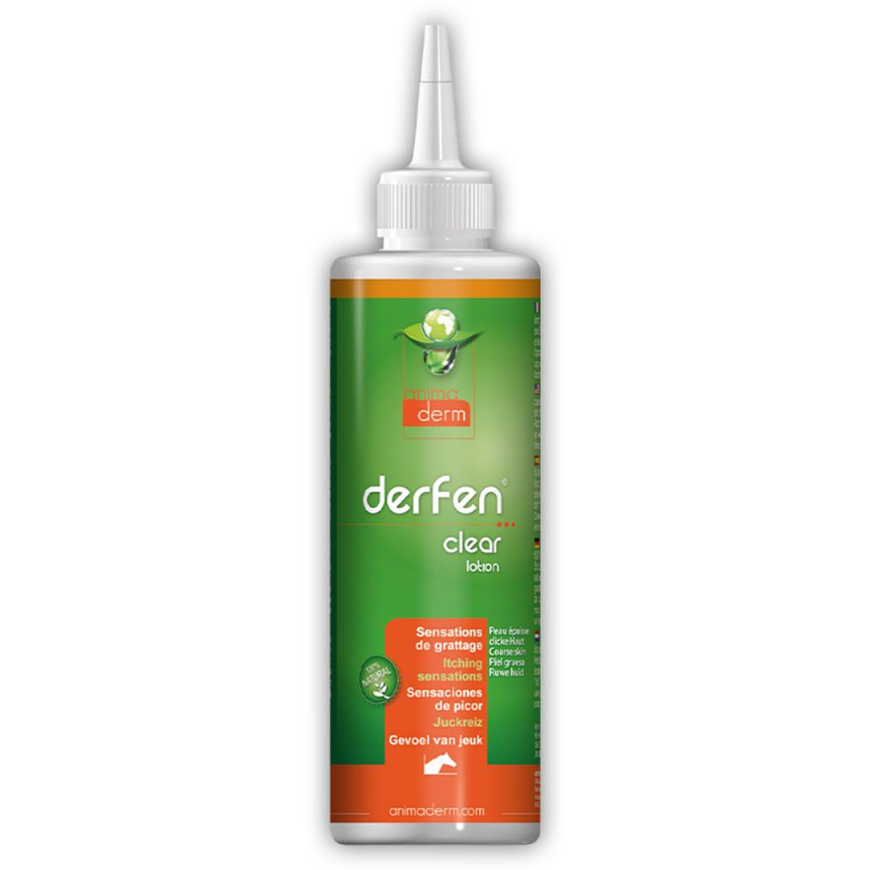 Grüne Flasche mit weißem Applikator. Aufschrift: derfen clear lotion. Text in mehreren Sprachen: Sensations de grattage, itching, Juckreiz.