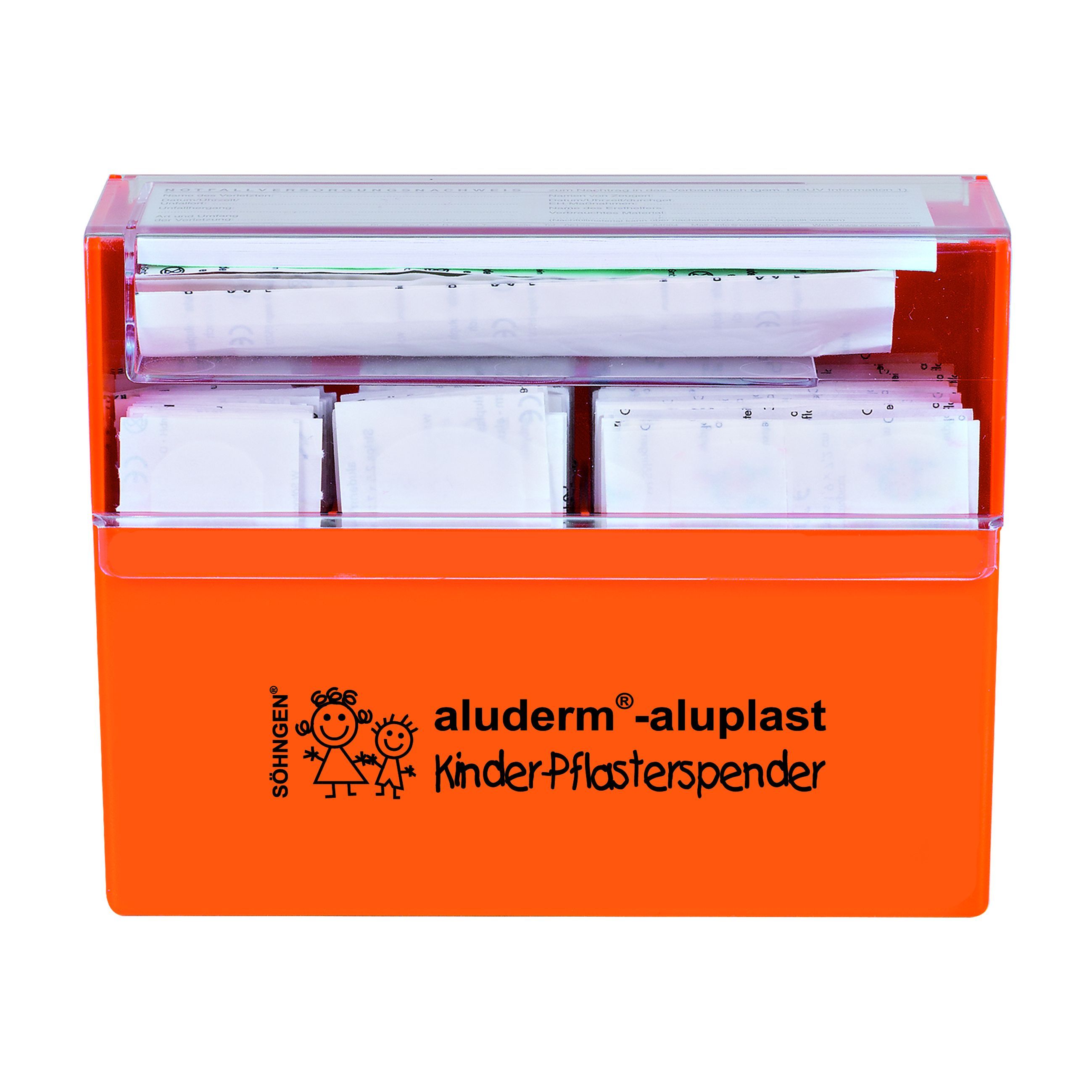Orangener Pflasterspender mit transparentem Deckel. Enthält Pflaster. Aufschrift: aluderm®-aluplast Kinder-Pflasterspender.