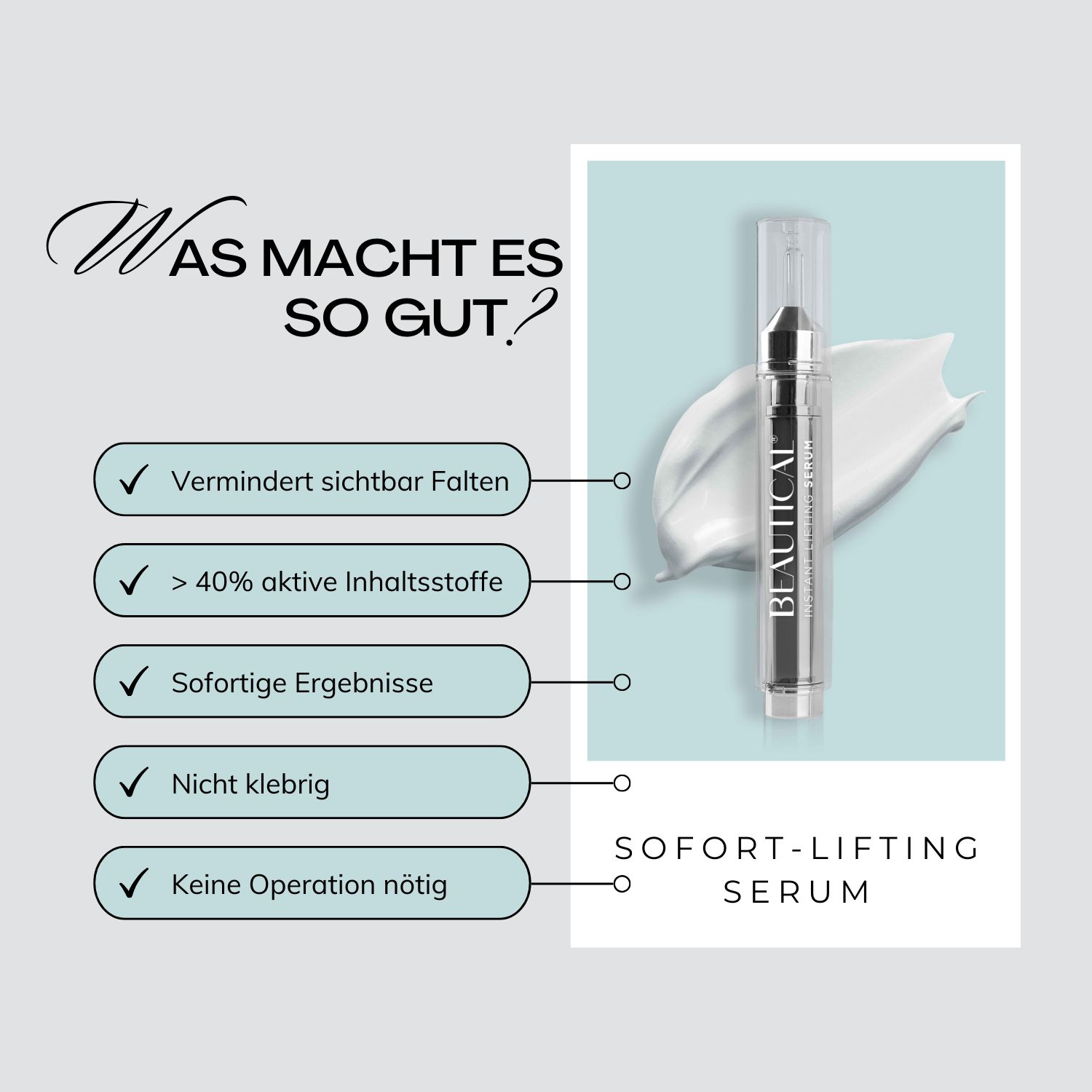 Serum-Flakon mit Text. Aufschrift: BEAUTICAL Instant Lifting Serum.
