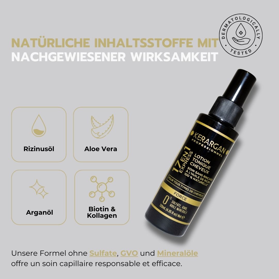 Produktflasche mit Text. Natürliche Inhaltsstoffe mit nachgewiesener Wirksamkeit. Rizinusöl, Aloe Vera, Arganöl, Biotin & Kollagen.