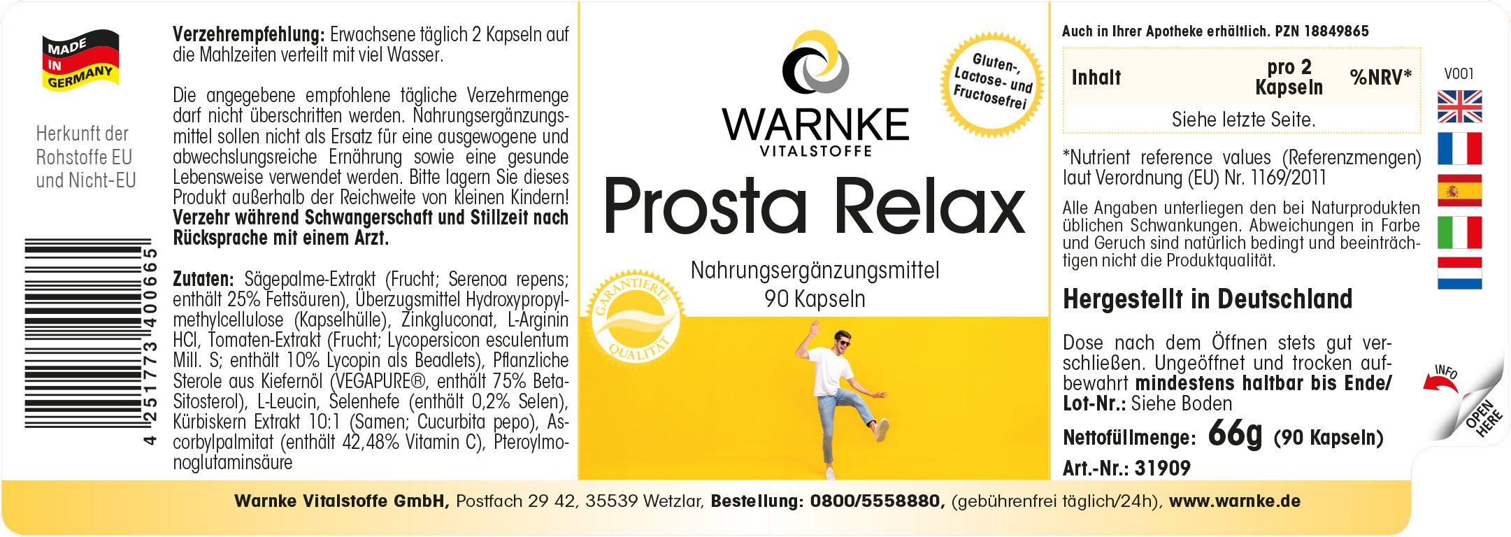 Etikett mit Text. Aufschrift "Prosta Relax". 90 Kapseln. Enthält Informationen zu Inhaltsstoffen und Nährwerten.