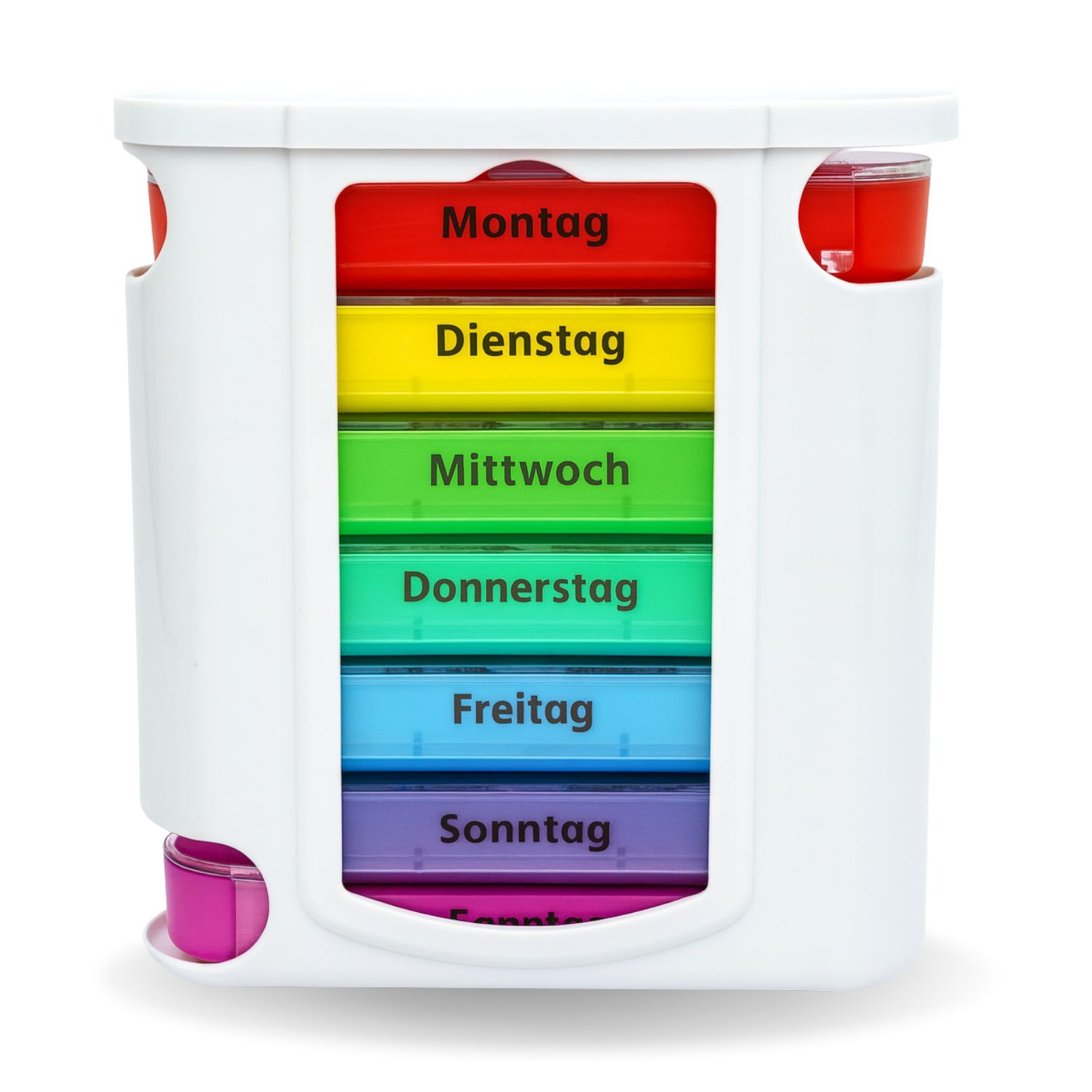 Weiße Tablettenbox mit farbigen Fächern für die Wochentage. Jedes Fach ist mit einem Wochentag beschriftet.