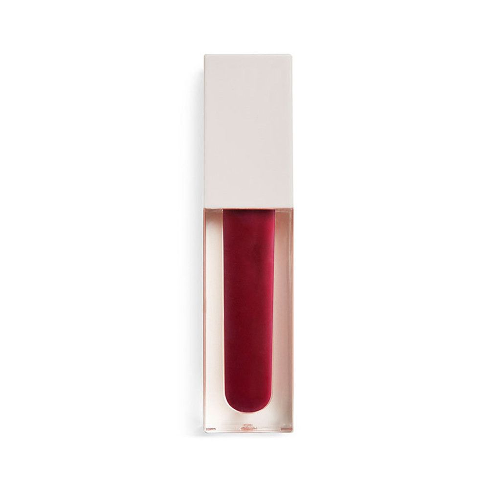 Transparenter Lipgloss-Flakon mit weißem Deckel. Roter Inhalt. Auf weißem Hintergrund.