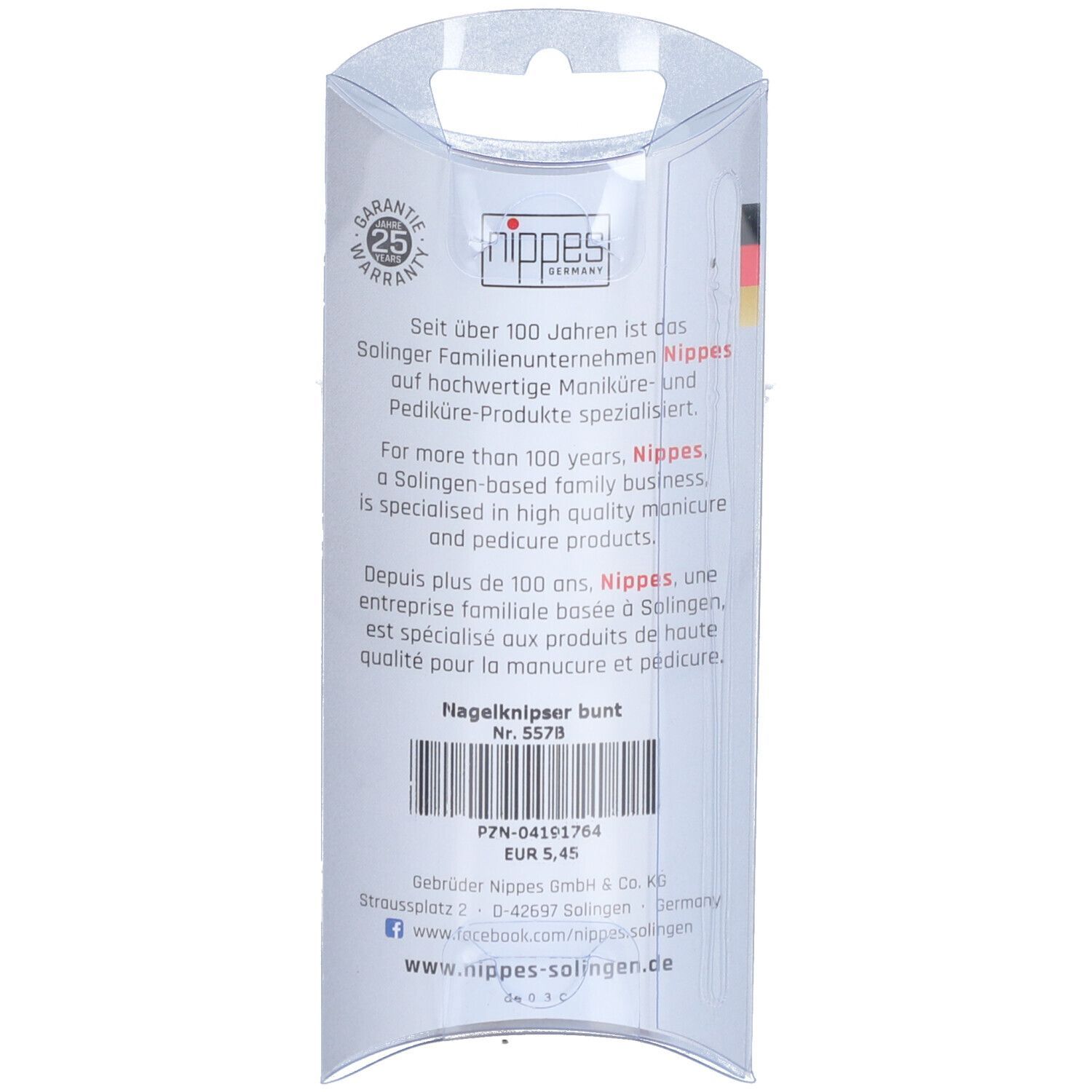 Rückseite der Blisterverpackung. Text in Deutsch, Englisch und Französisch. Marke Nippes Germany. Barcode und Preis.