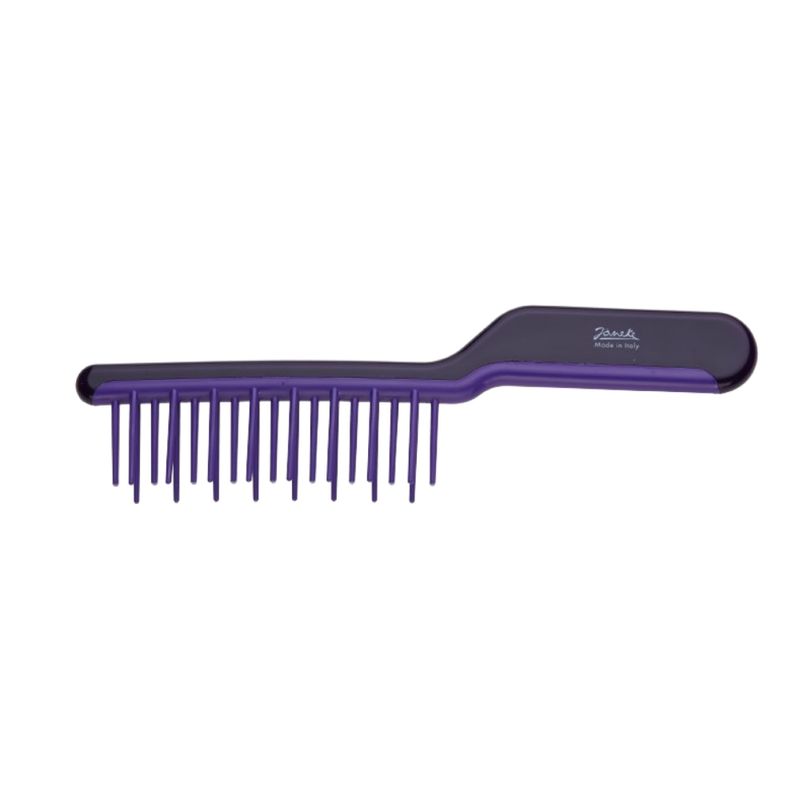 Violette Haarbürste mit Griff und Zinken. Auf dem Griff steht "Janeke Made in Italy".
