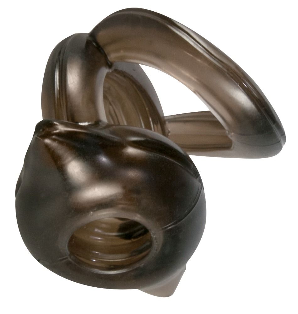 Dunkelgraues Penis-/Hodenring-Trio. Besteht aus zwei Ringen und einem Element mit Öffnung. Reizillen innen.