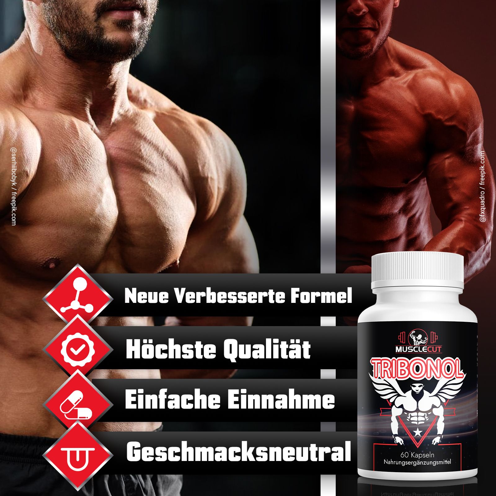 Weiße Flasche mit schwarzem Etikett. Aufschrift: Tribonol, 60 Kapseln. Text: Neue verbesserte Formel, höchste Qualität.