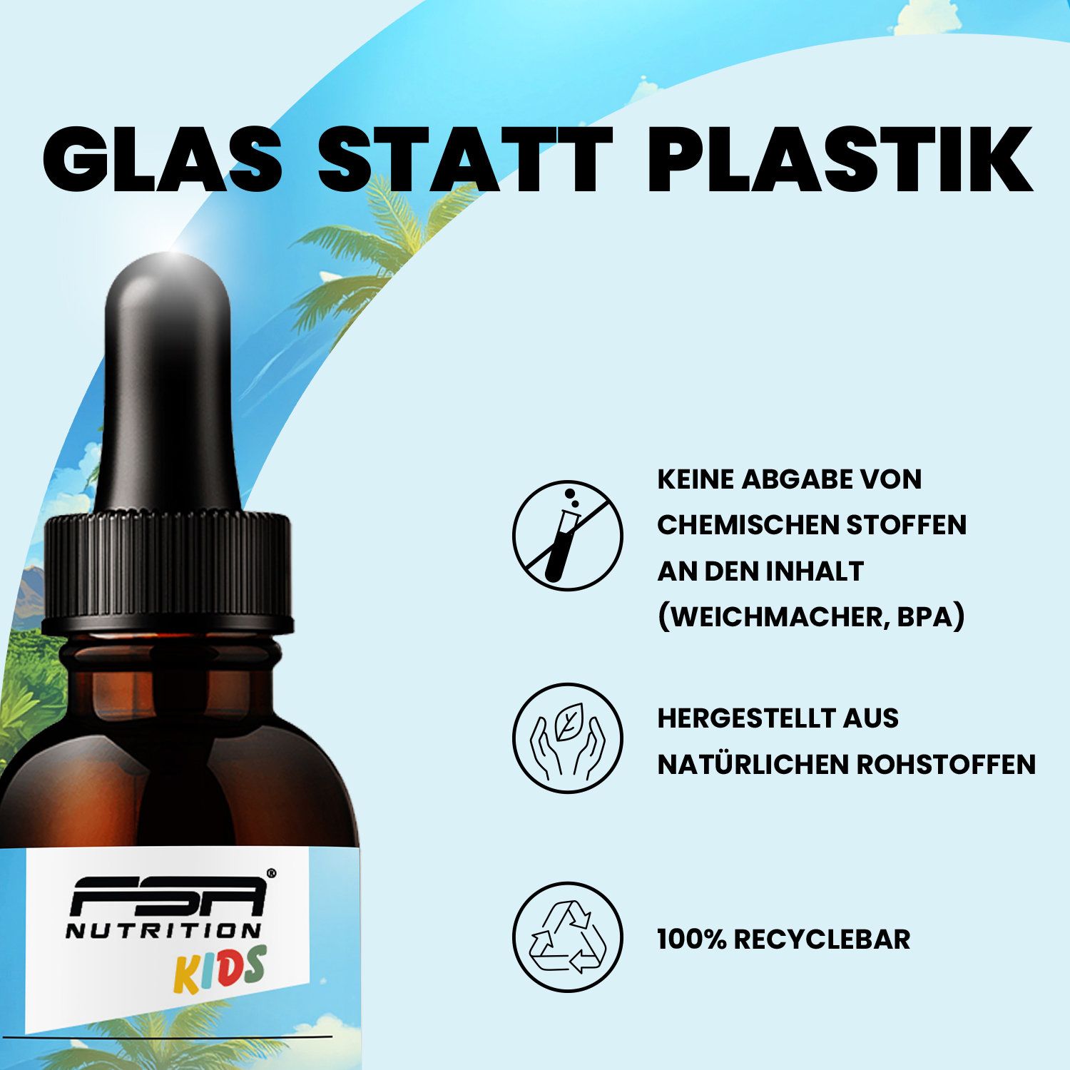 Braune Flasche mit Tropfer. Aufschrift: FSA NUTRITION KIDS Vitamin D3 / K2 Tropfen. Glas statt Plastik. Natürliche Rohstoffe.